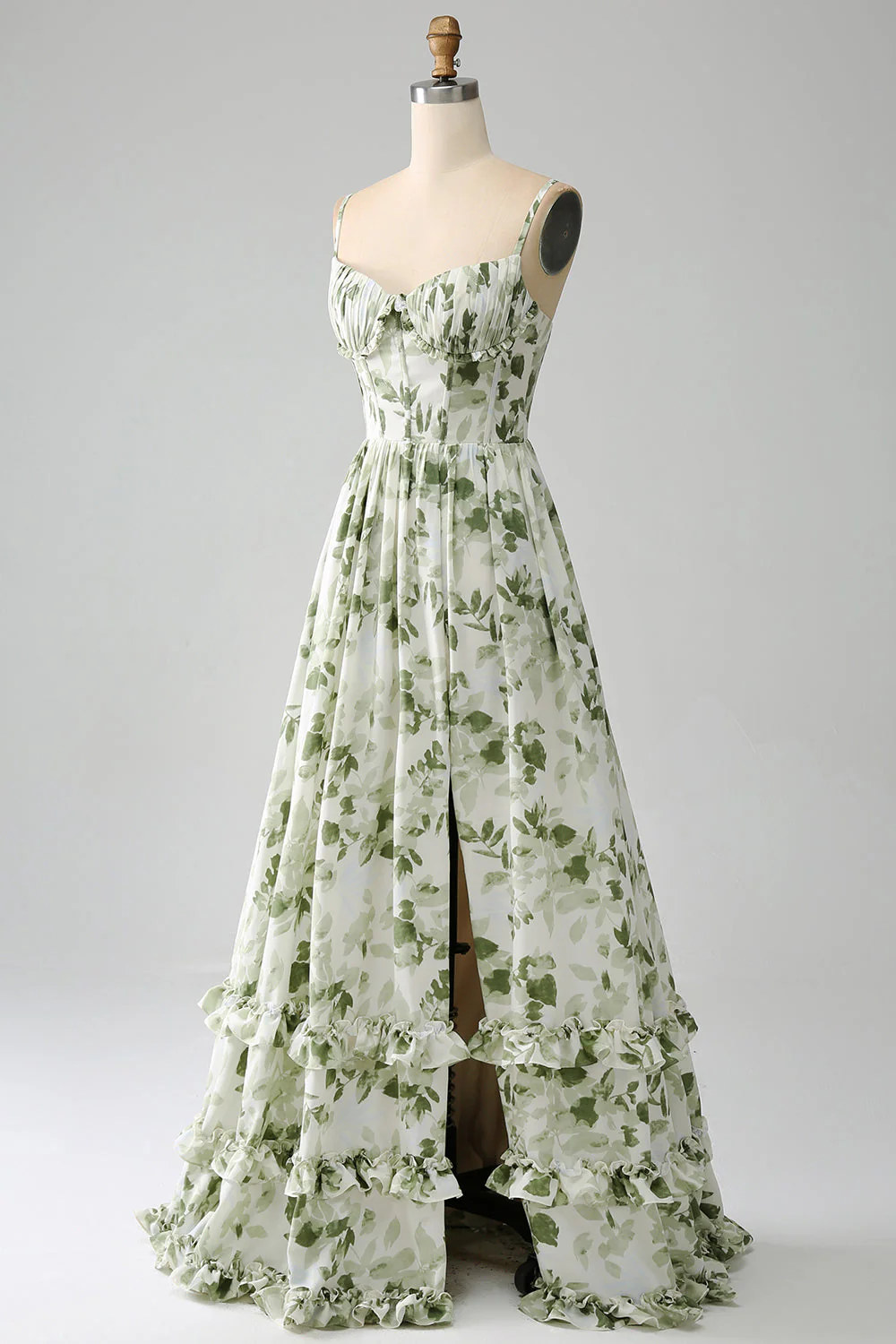 Green A-Line Spaghetti Straps Printed Pleated Long Prom Dress With Slit - Image 5