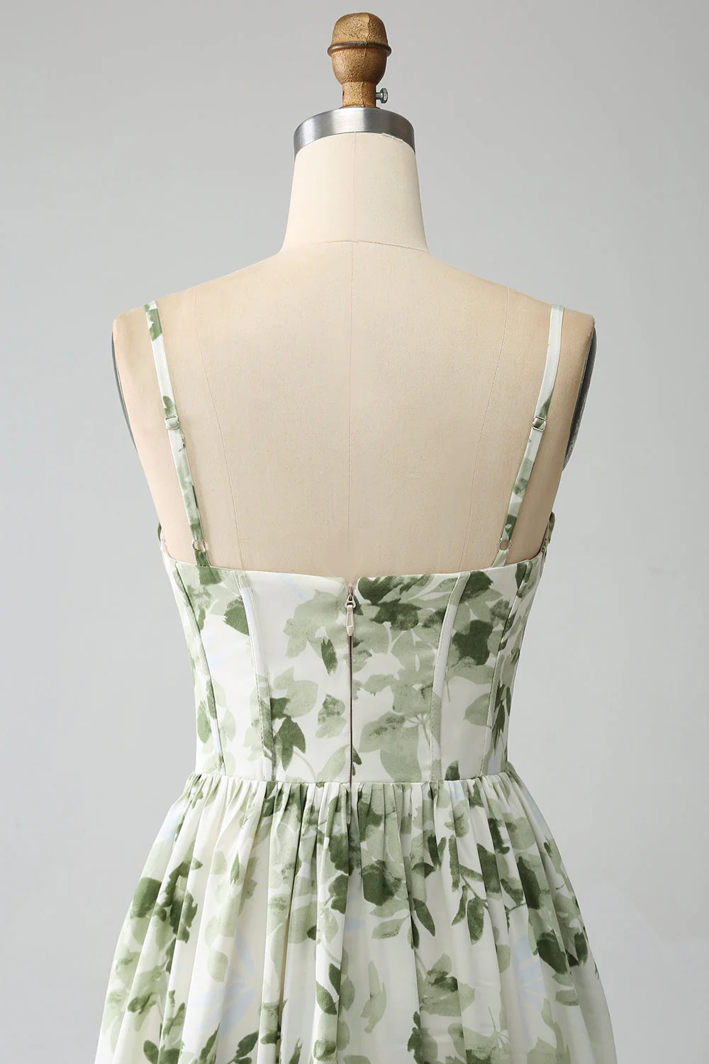 Green A-Line Spaghetti Straps Printed Pleated Long Prom Dress With Slit - Image 7