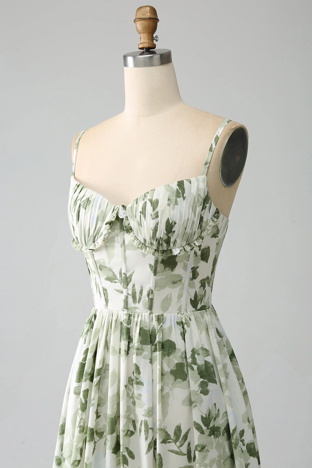 Green A-Line Spaghetti Straps Printed Pleated Long Prom Dress With Slit - Image 8