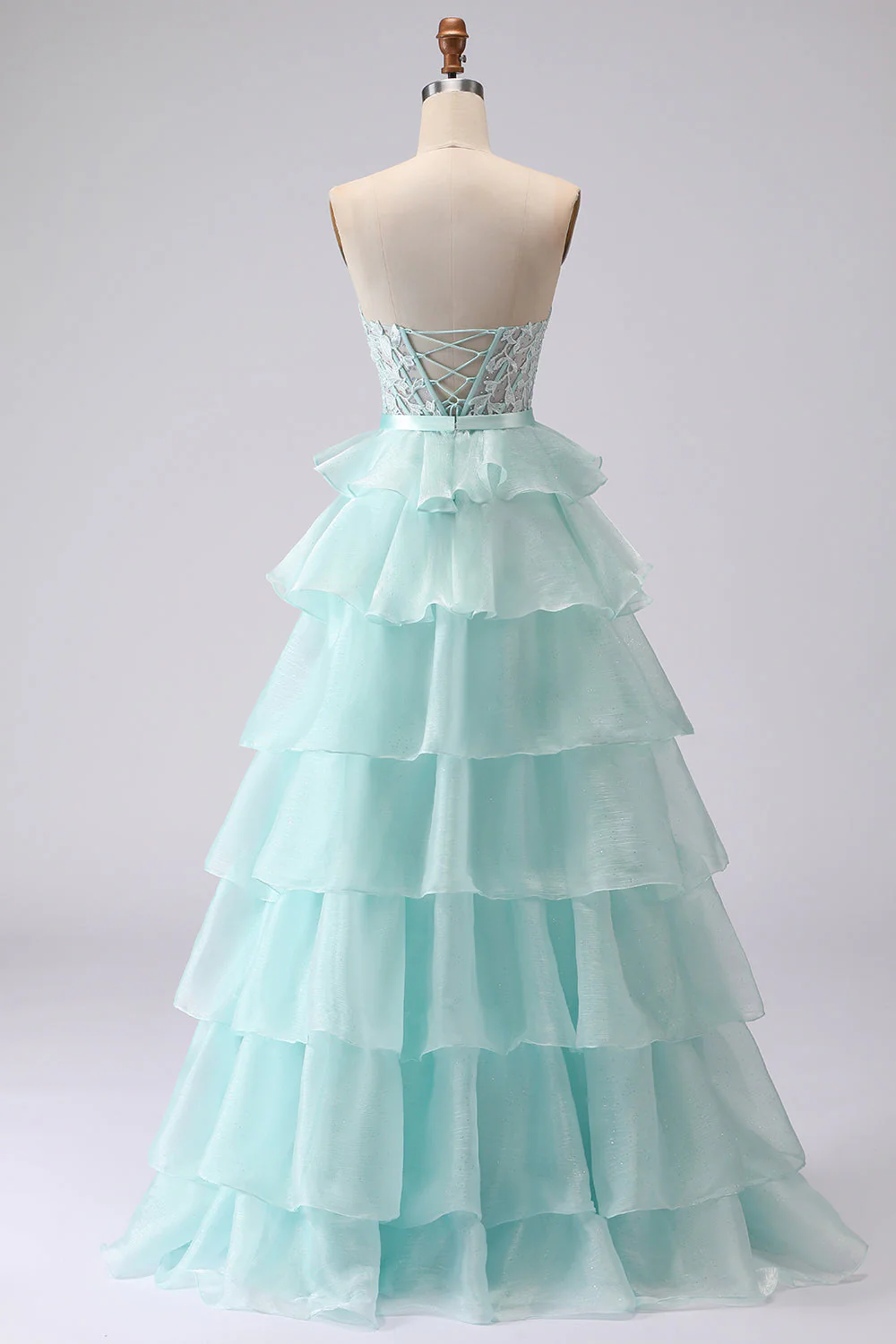Green A Line Strapless Corset Beaded Tiered Long Prom Dress with Lace - Image 2