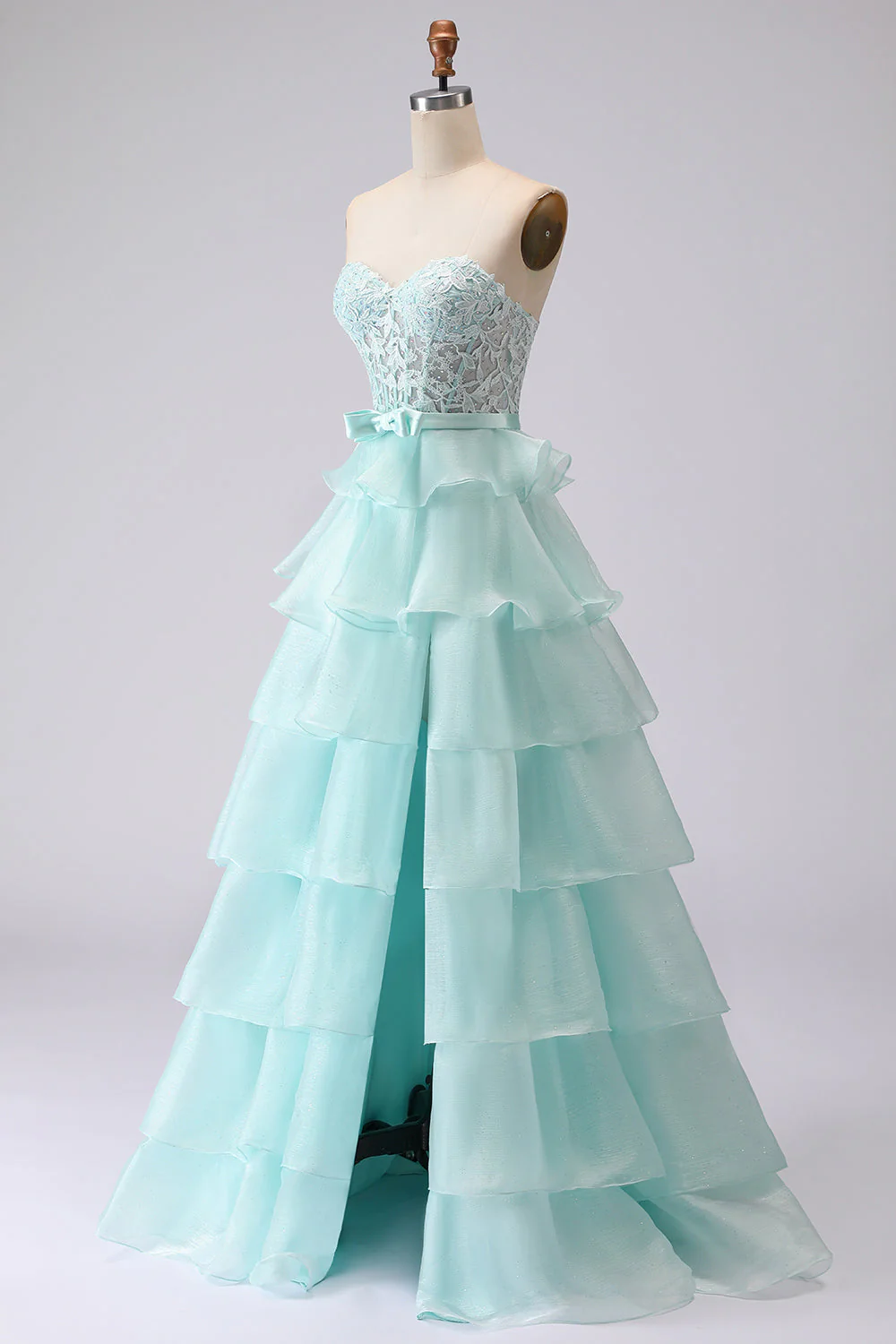 Green A Line Strapless Corset Beaded Tiered Long Prom Dress with Lace - Image 3