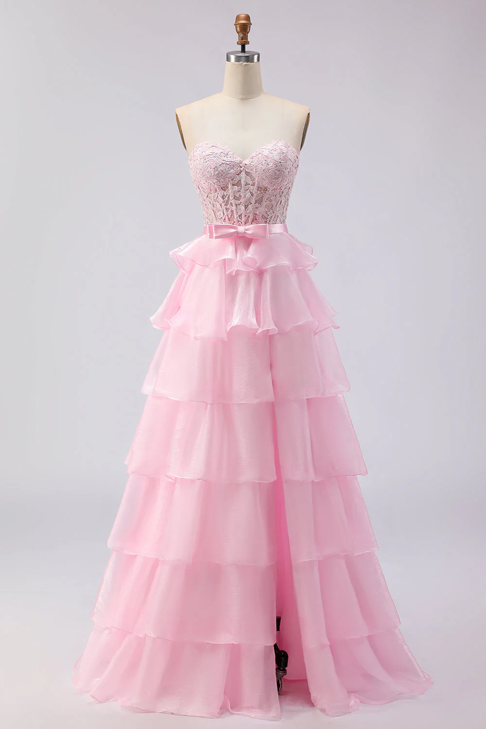 Green A Line Strapless Corset Beaded Tiered Long Prom Dress with Lace - Image 7
