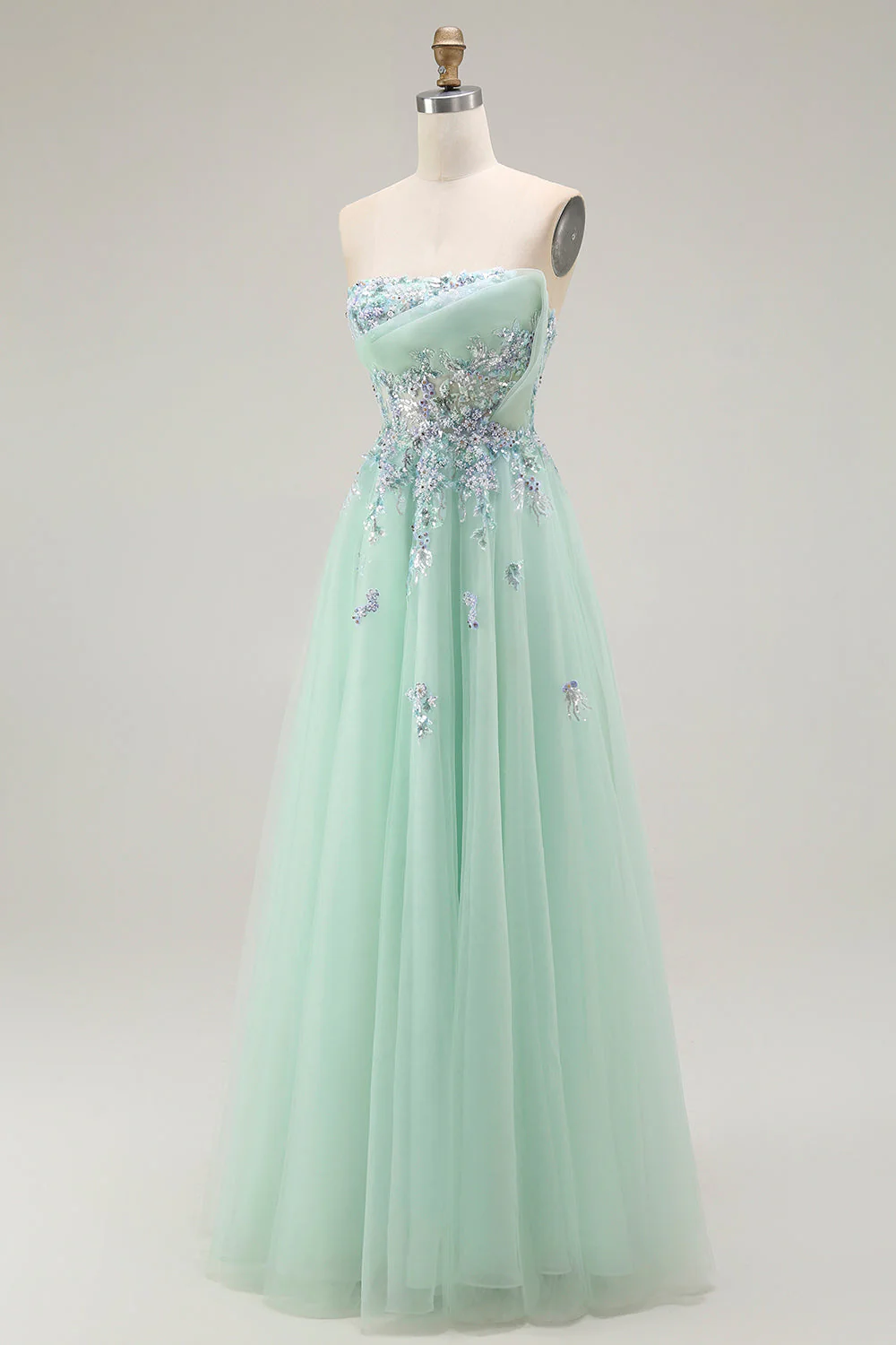 Green A-Line Strapless Tulle Sheer Corset Long Prom Dress with Appliques - Image 3