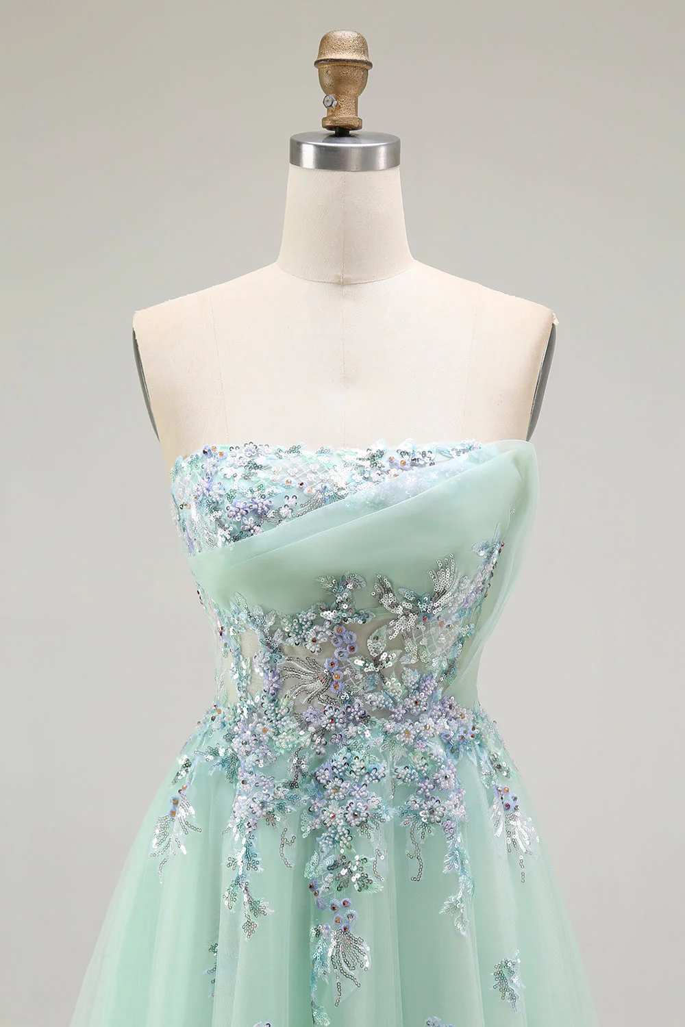 Green A-Line Strapless Tulle Sheer Corset Long Prom Dress with Appliques - Image 4