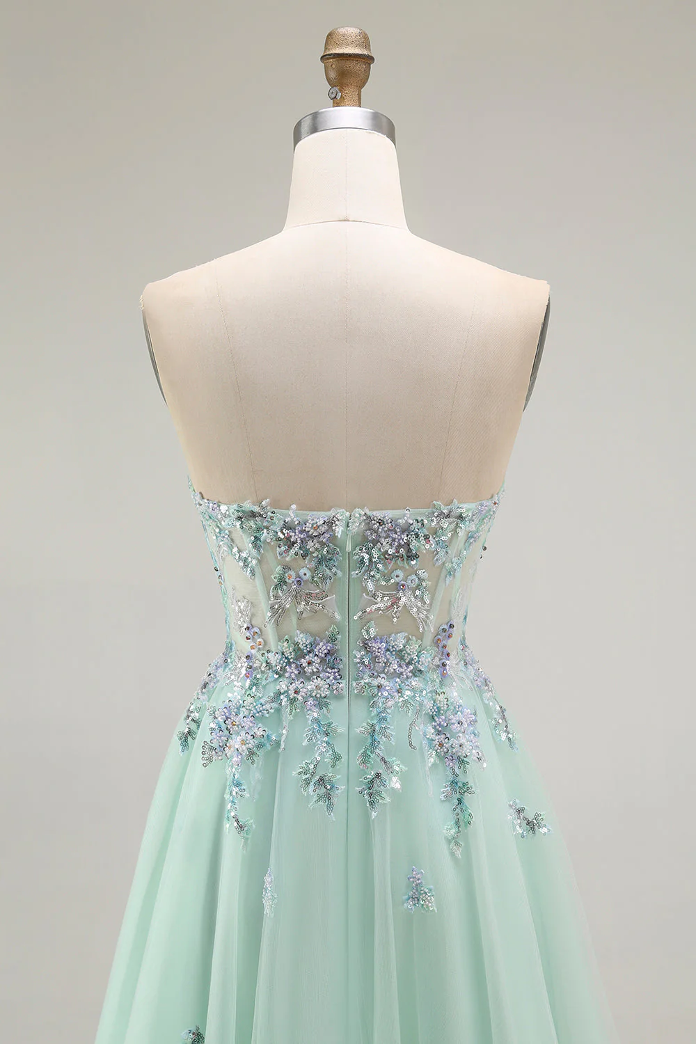 Green A-Line Strapless Tulle Sheer Corset Long Prom Dress with Appliques - Image 5