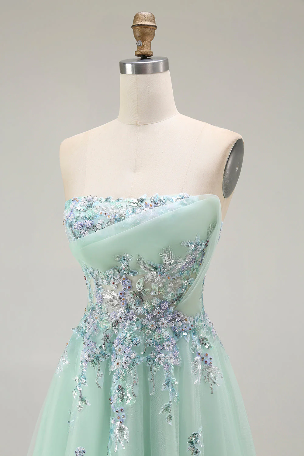 Green A-Line Strapless Tulle Sheer Corset Long Prom Dress with Appliques - Image 6