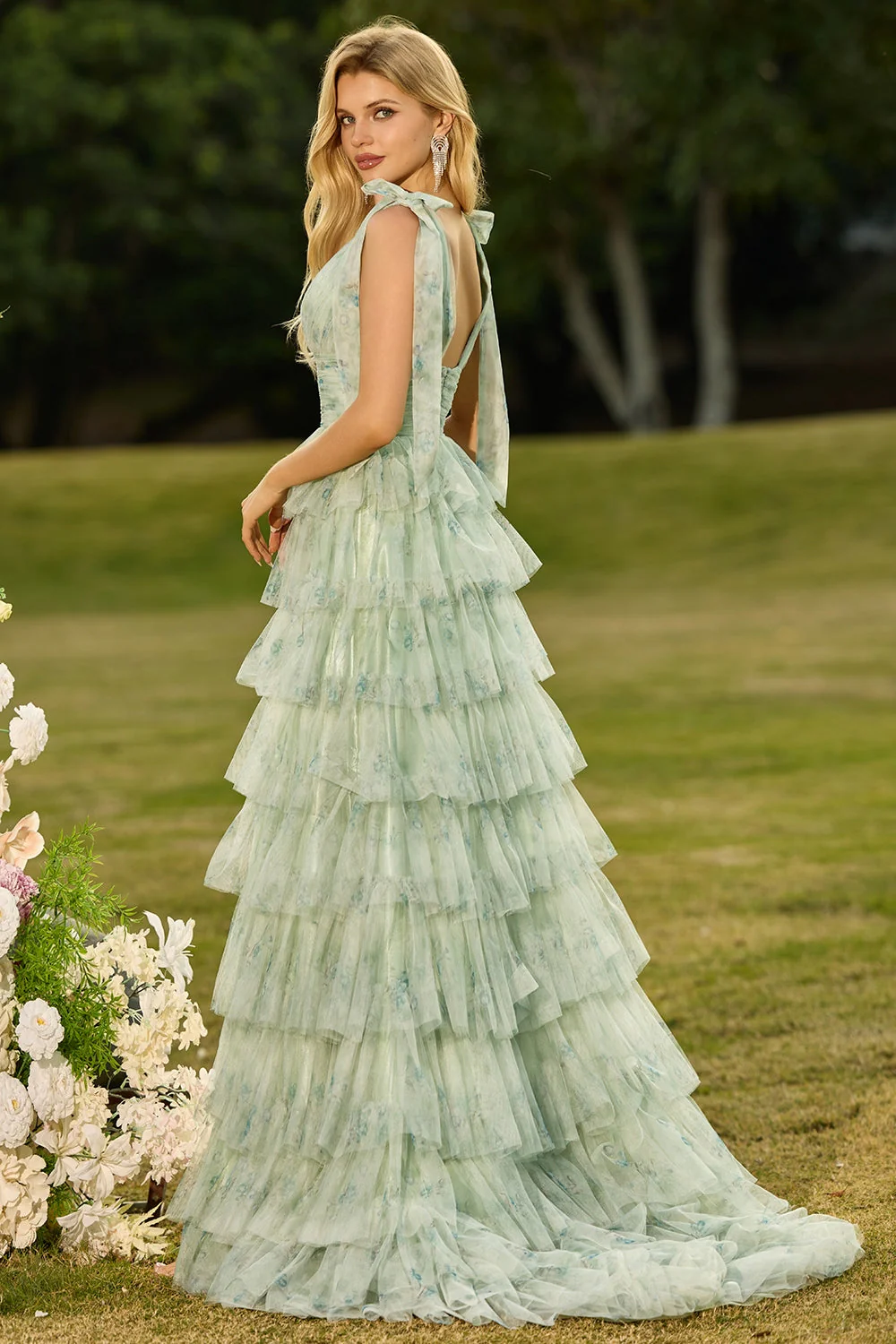 Green A-Line Tiered Ruffle Floral Long Tulle Prom Dress with Slit - Image 2