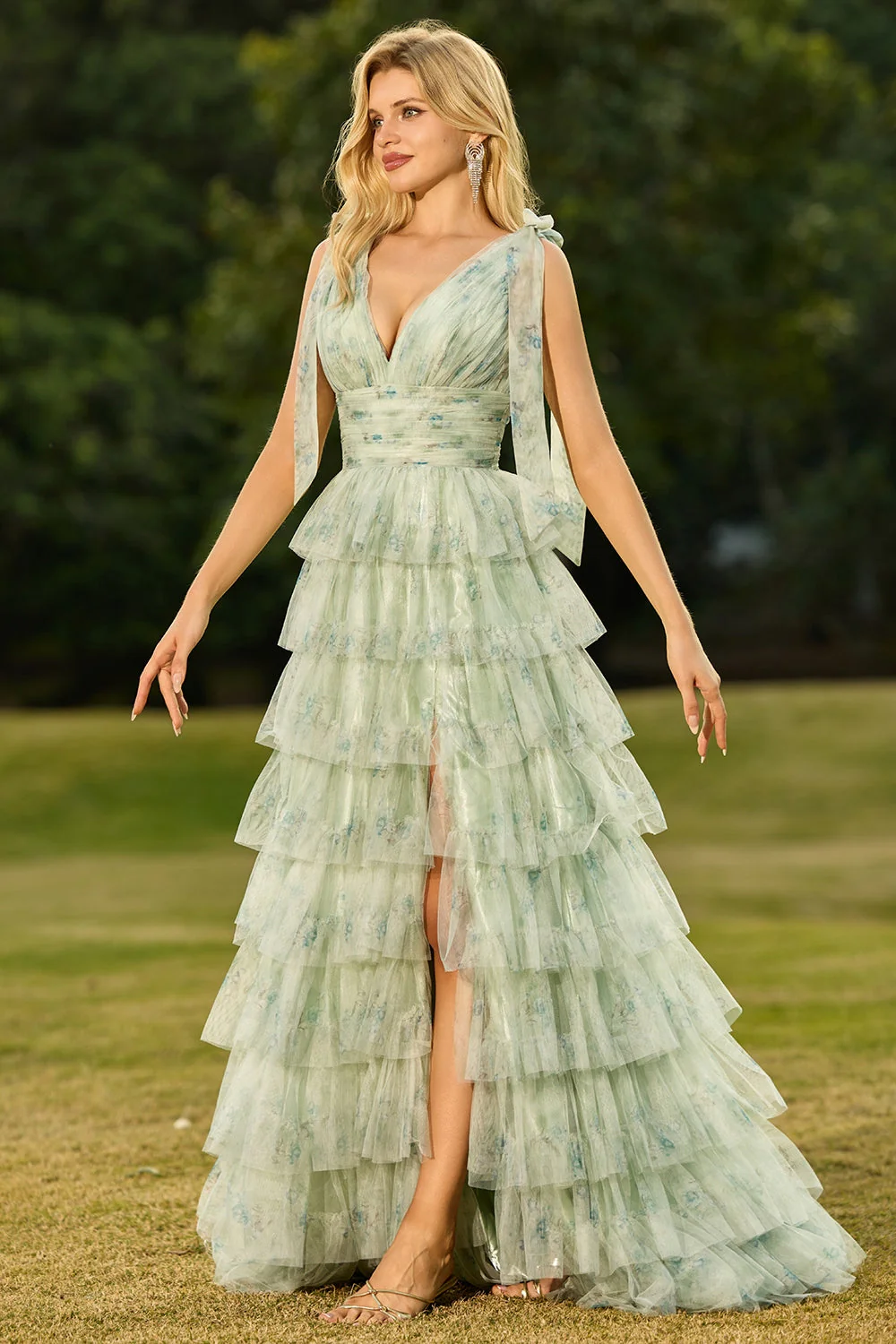 Green A-Line Tiered Ruffle Floral Long Tulle Prom Dress with Slit - Image 5
