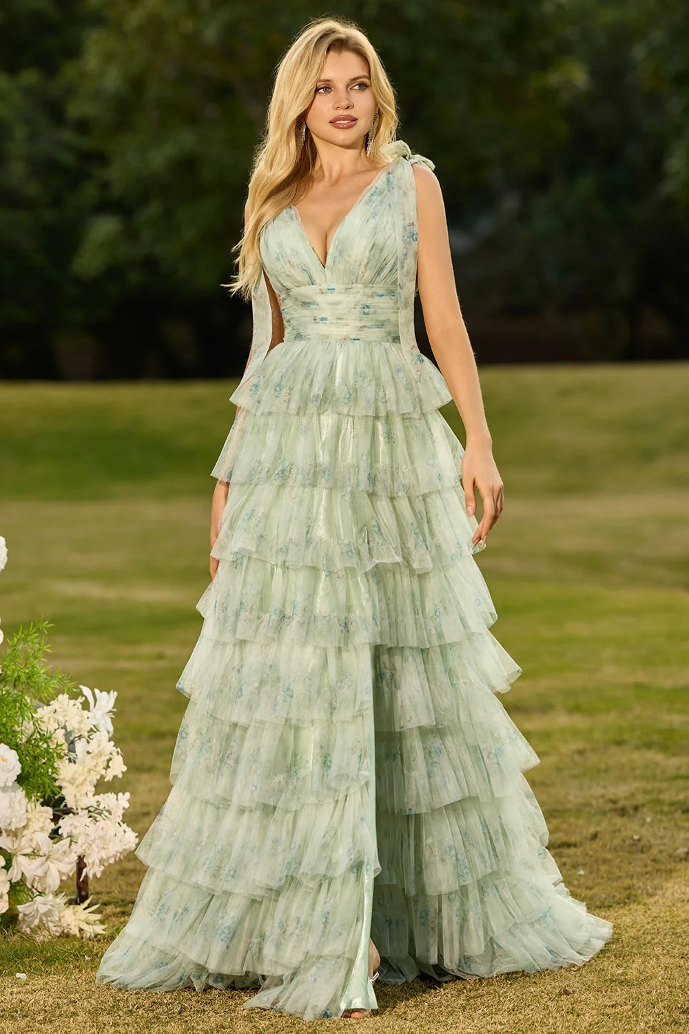 Green A-Line Tiered Ruffle Floral Long Tulle Prom Dress with Slit - Image 6