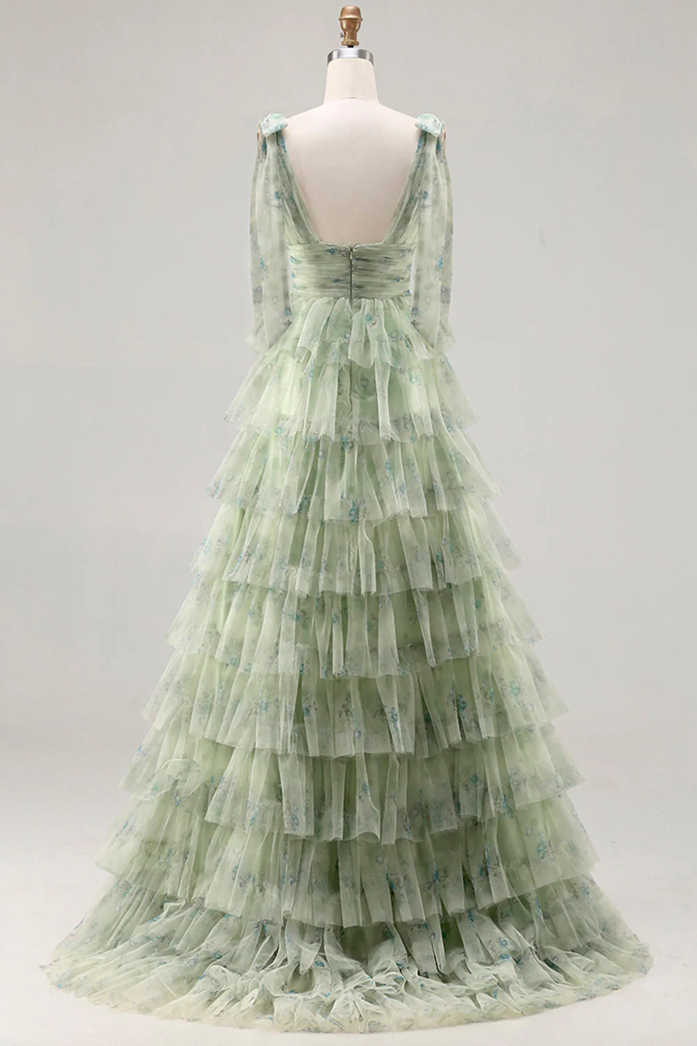 Green A-Line Tiered Ruffle Long Floral Prom Dress with Slit - Image 2