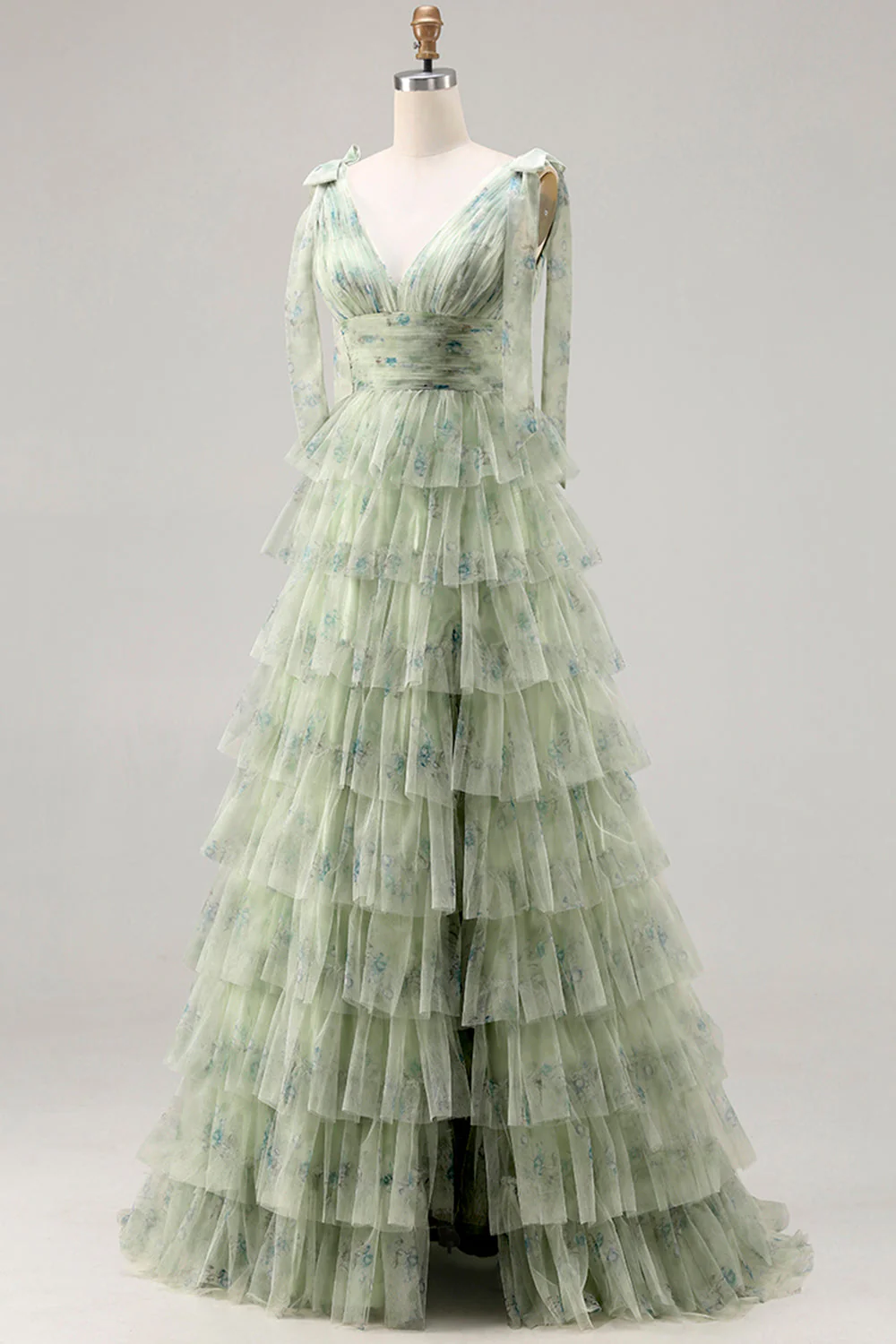 Green A-Line Tiered Ruffle Long Floral Prom Dress with Slit - Image 3