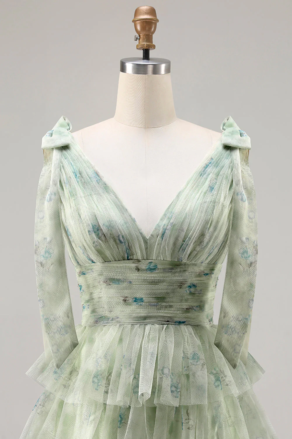 Green A-Line Tiered Ruffle Long Floral Prom Dress with Slit - Image 4