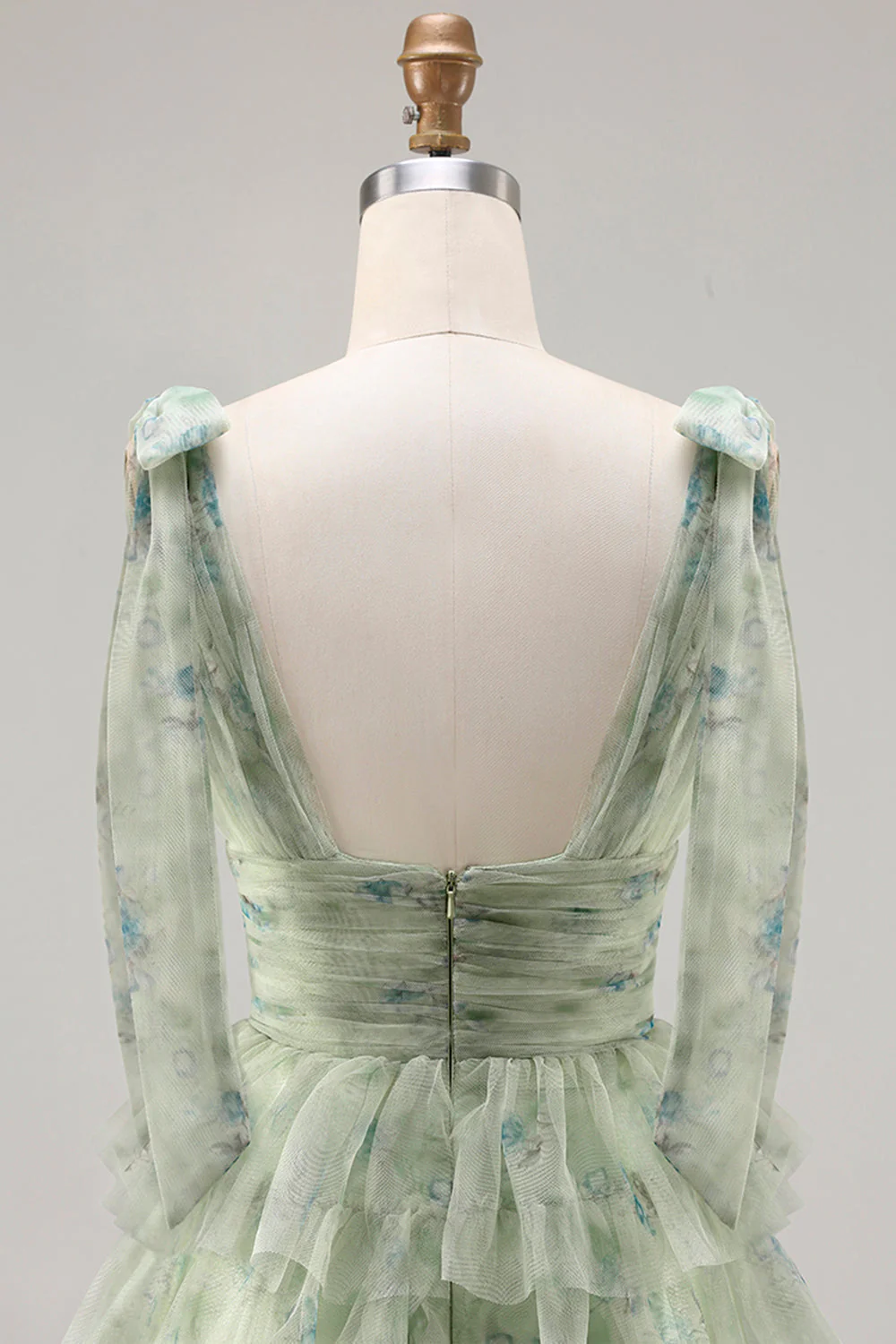 Green A-Line Tiered Ruffle Long Floral Prom Dress with Slit - Image 5