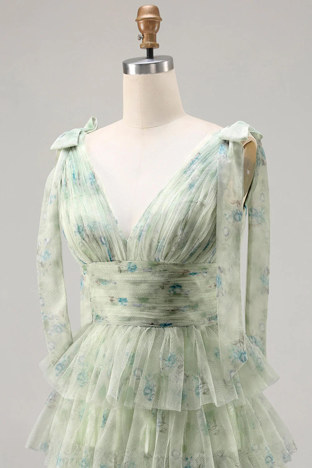 Green A-Line Tiered Ruffle Long Floral Prom Dress with Slit - Image 6