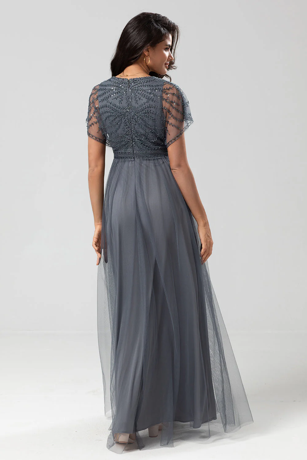 Green Beaded A-Line Tulle V-Neck Long Choir Dress - Image 10