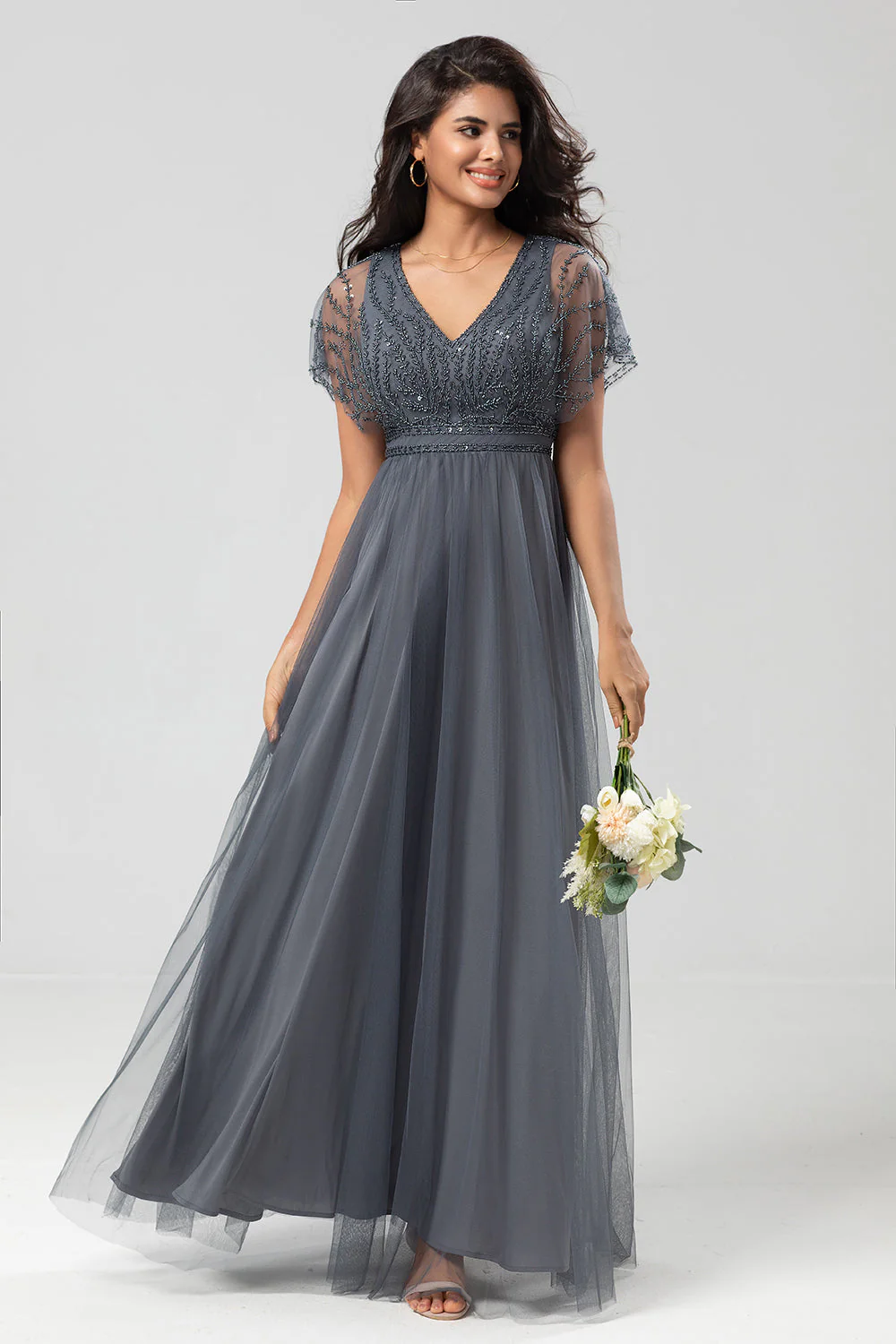 Green Beaded A-Line Tulle V-Neck Long Choir Dress - Image 11