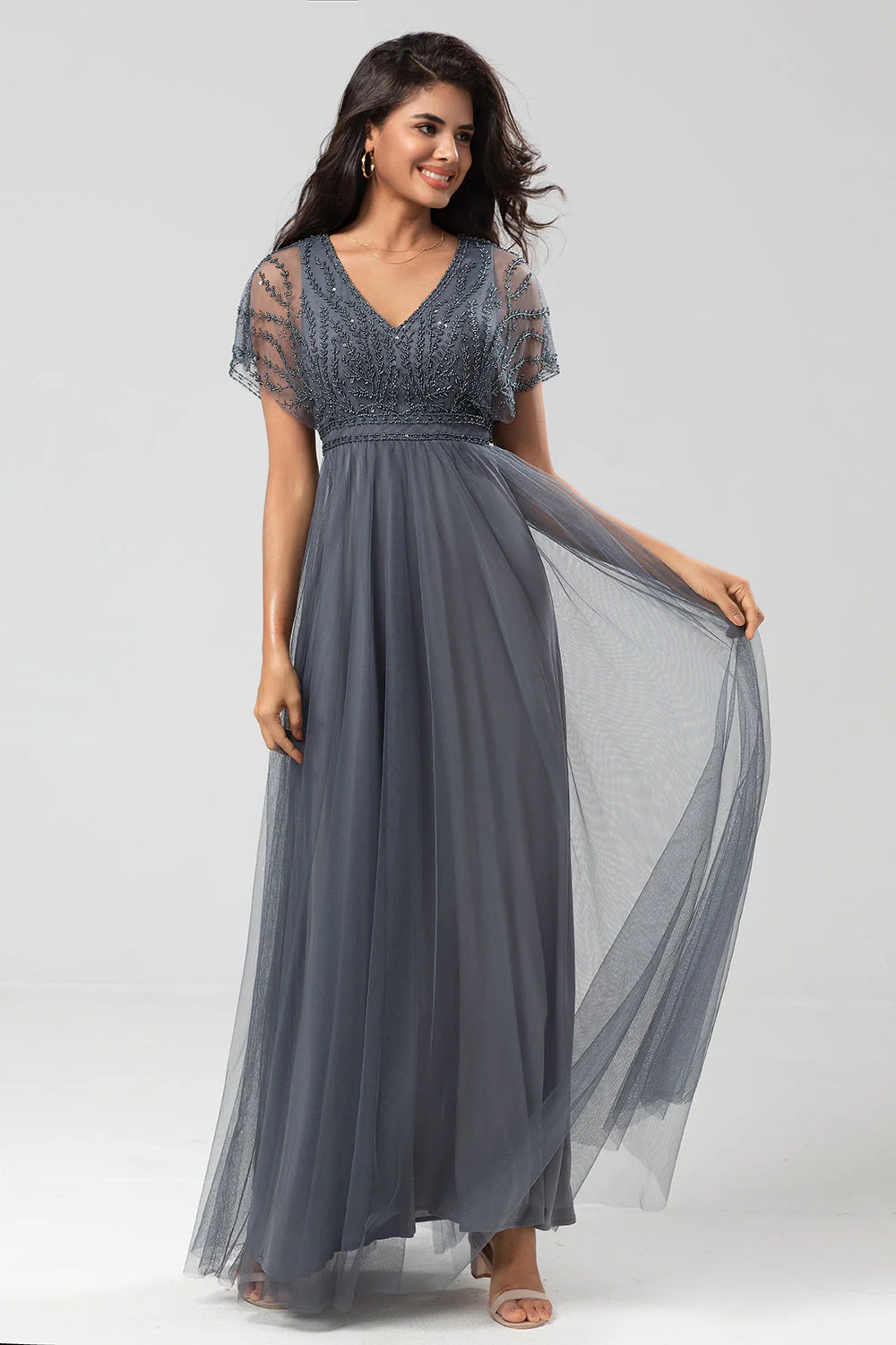 Green Beaded A-Line Tulle V-Neck Long Choir Dress - Image 12