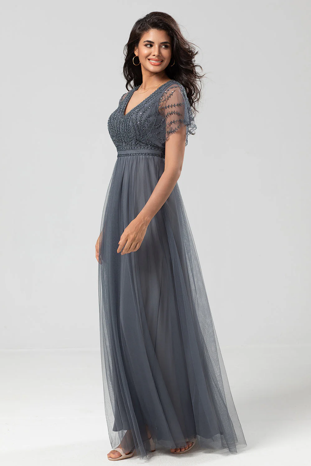 Green Beaded A-Line Tulle V-Neck Long Choir Dress - Image 13