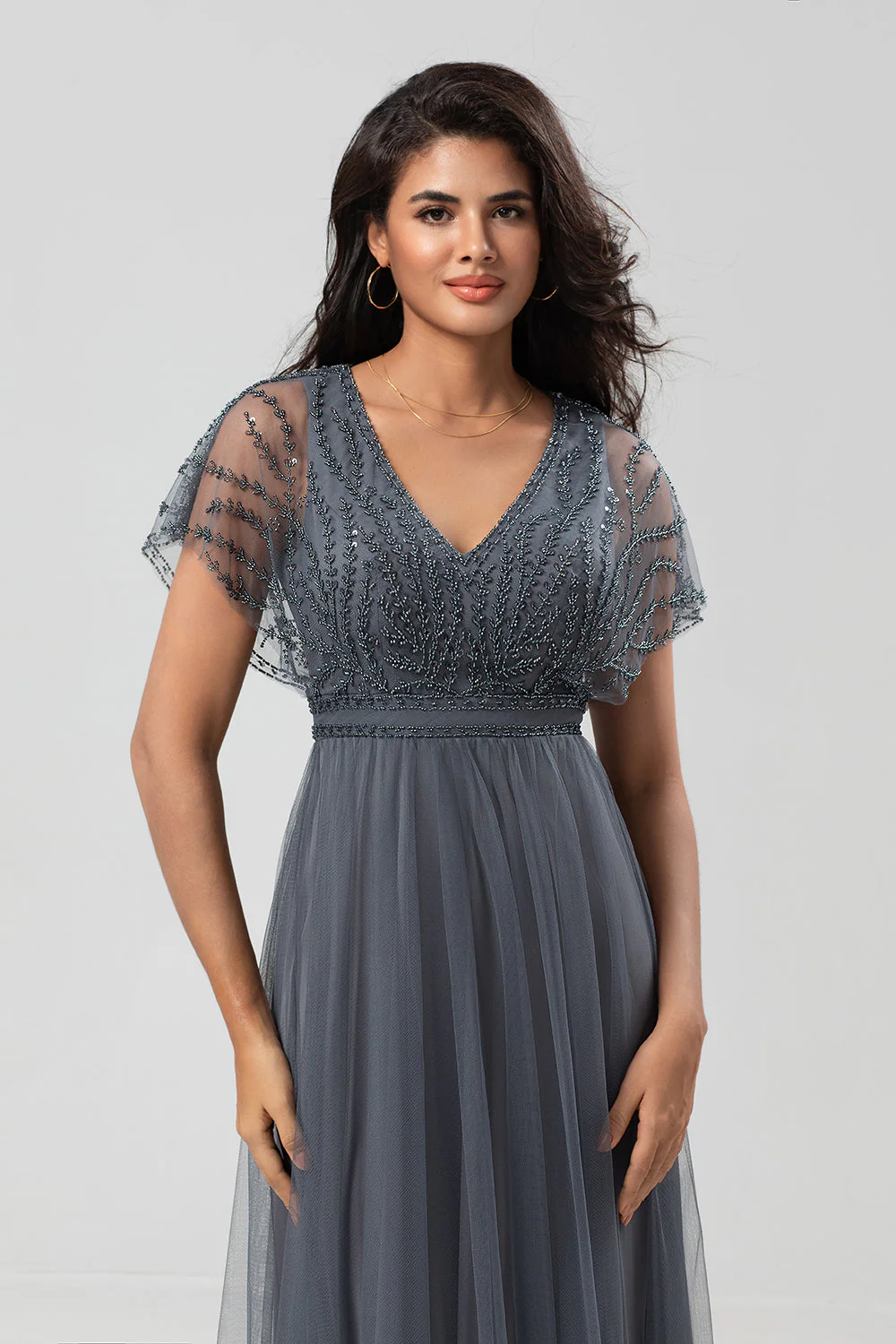 Green Beaded A-Line Tulle V-Neck Long Choir Dress - Image 14