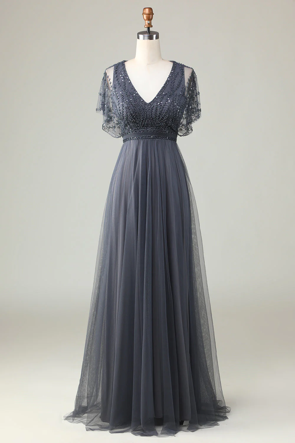 Green Beaded A-Line Tulle V-Neck Long Choir Dress - Image 15