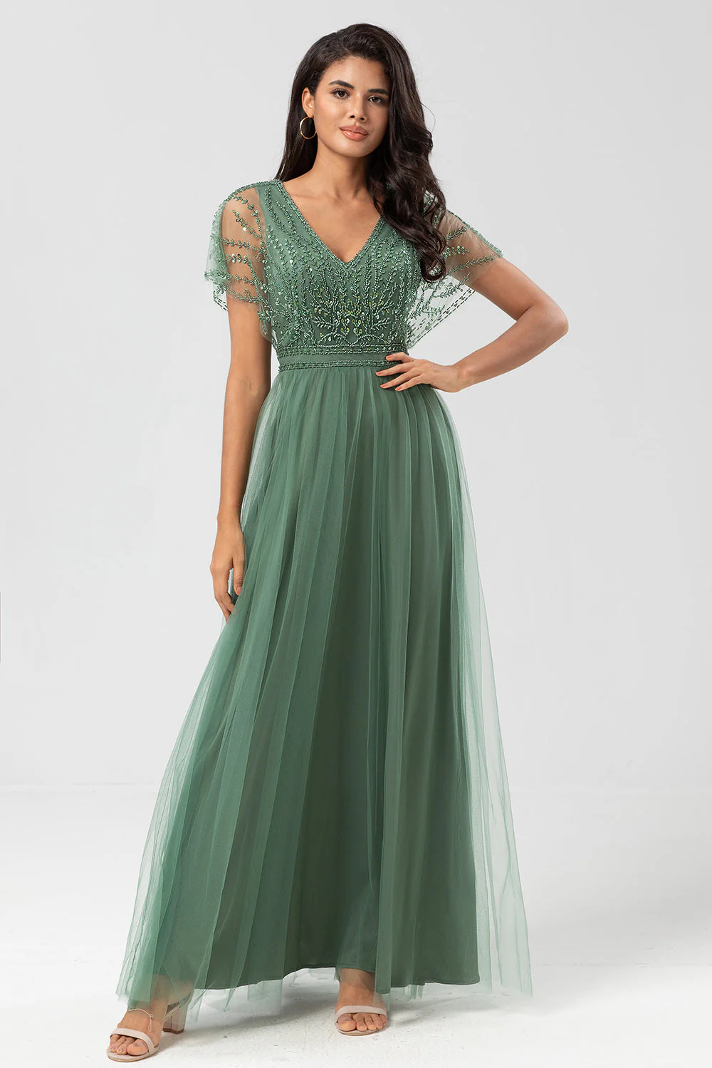 Green Beaded A-Line Tulle V-Neck Long Choir Dress - Image 2