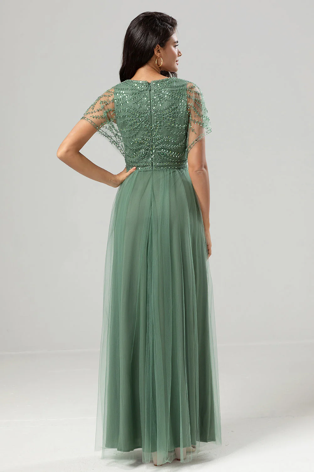 Green Beaded A-Line Tulle V-Neck Long Choir Dress - Image 3