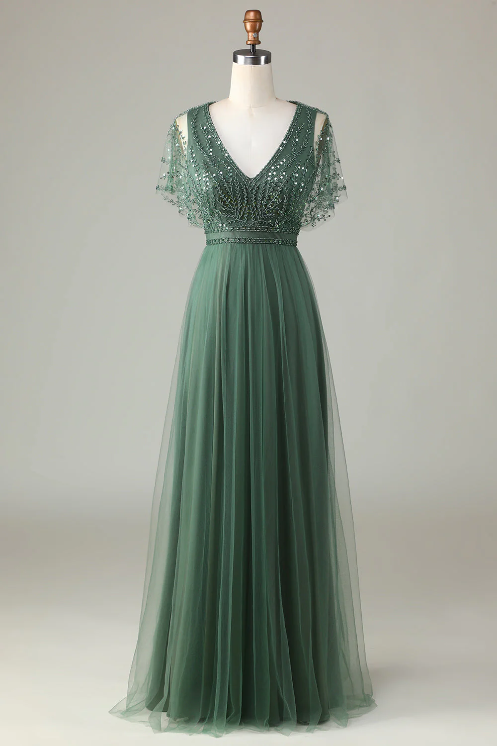 Green Beaded A-Line Tulle V-Neck Long Choir Dress - Image 4
