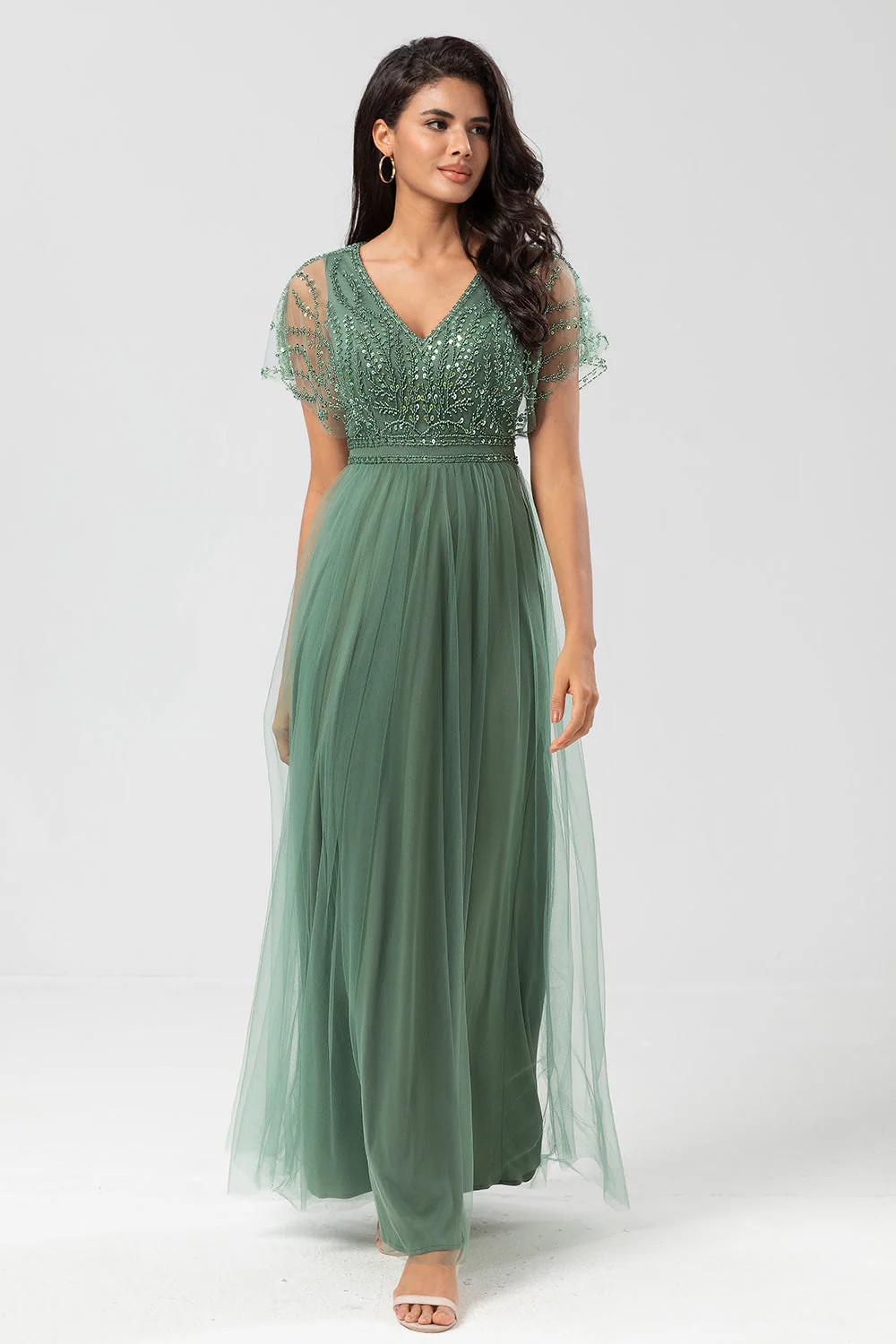 Green Beaded A-Line Tulle V-Neck Long Choir Dress - Image 5