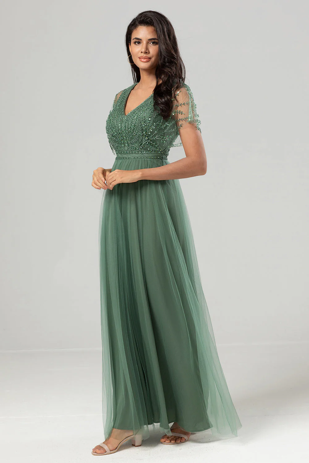 Green Beaded A-Line Tulle V-Neck Long Choir Dress - Image 6