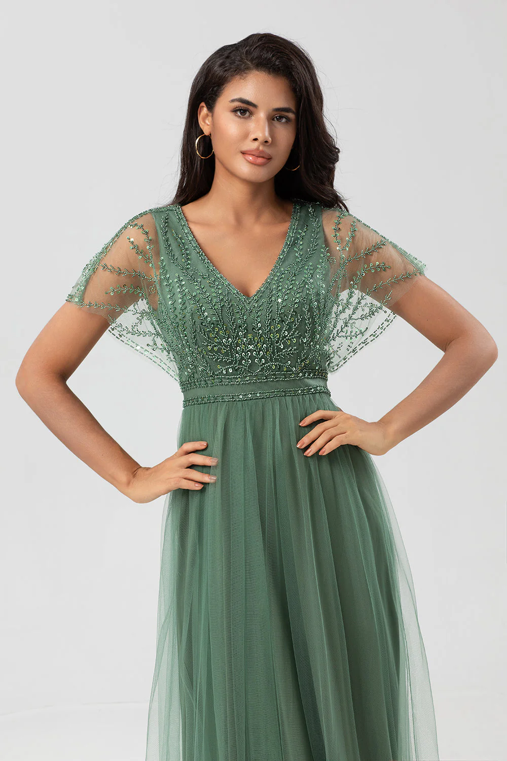 Green Beaded A-Line Tulle V-Neck Long Choir Dress - Image 7