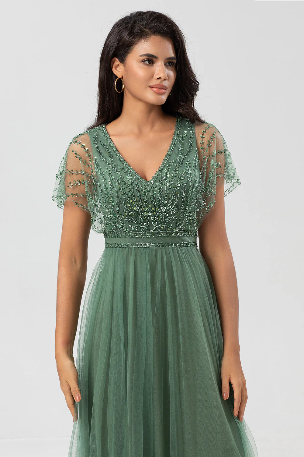 Green Beaded A-Line Tulle V-Neck Long Choir Dress - Image 8
