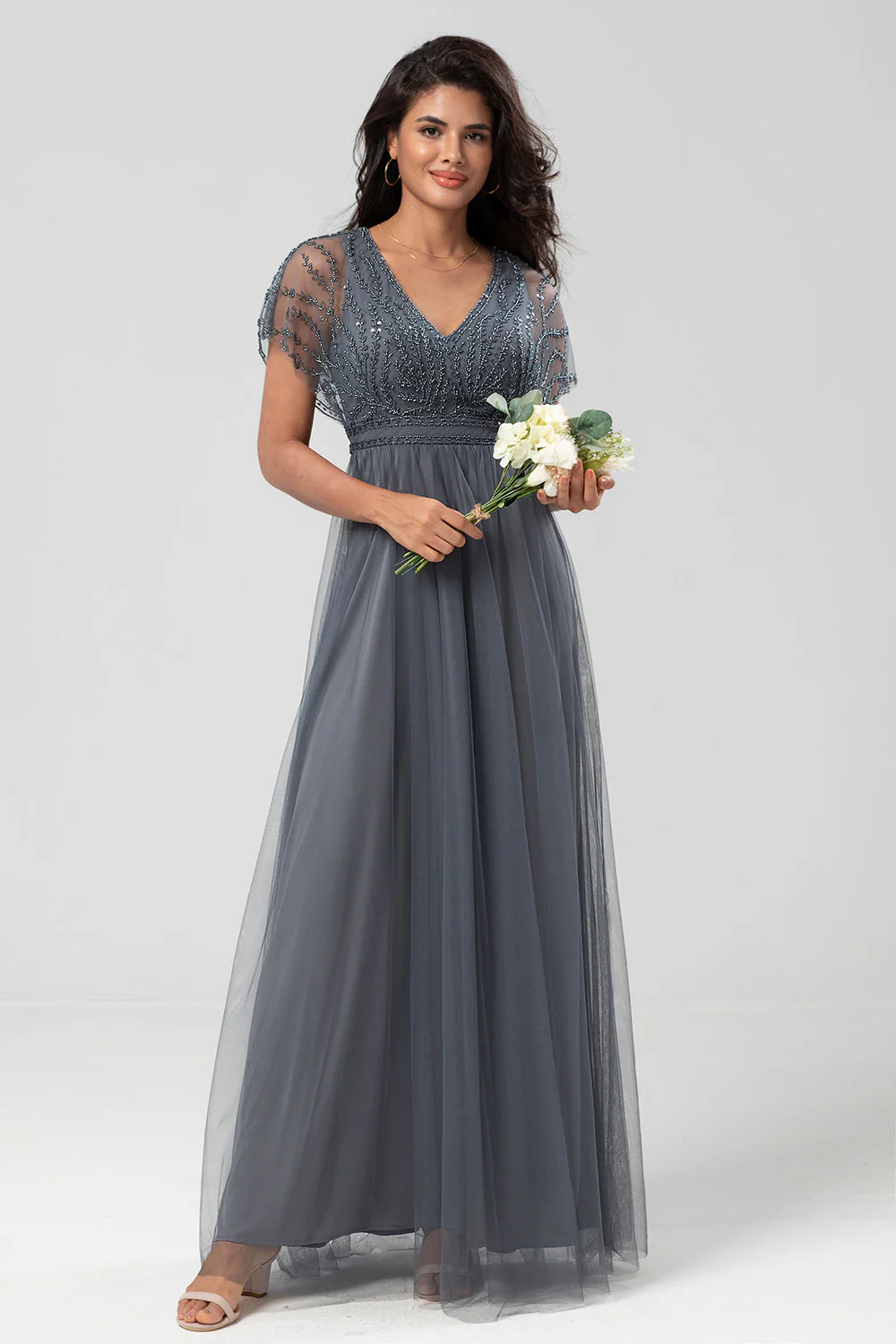 Green Beaded A-Line Tulle V-Neck Long Choir Dress - Image 9