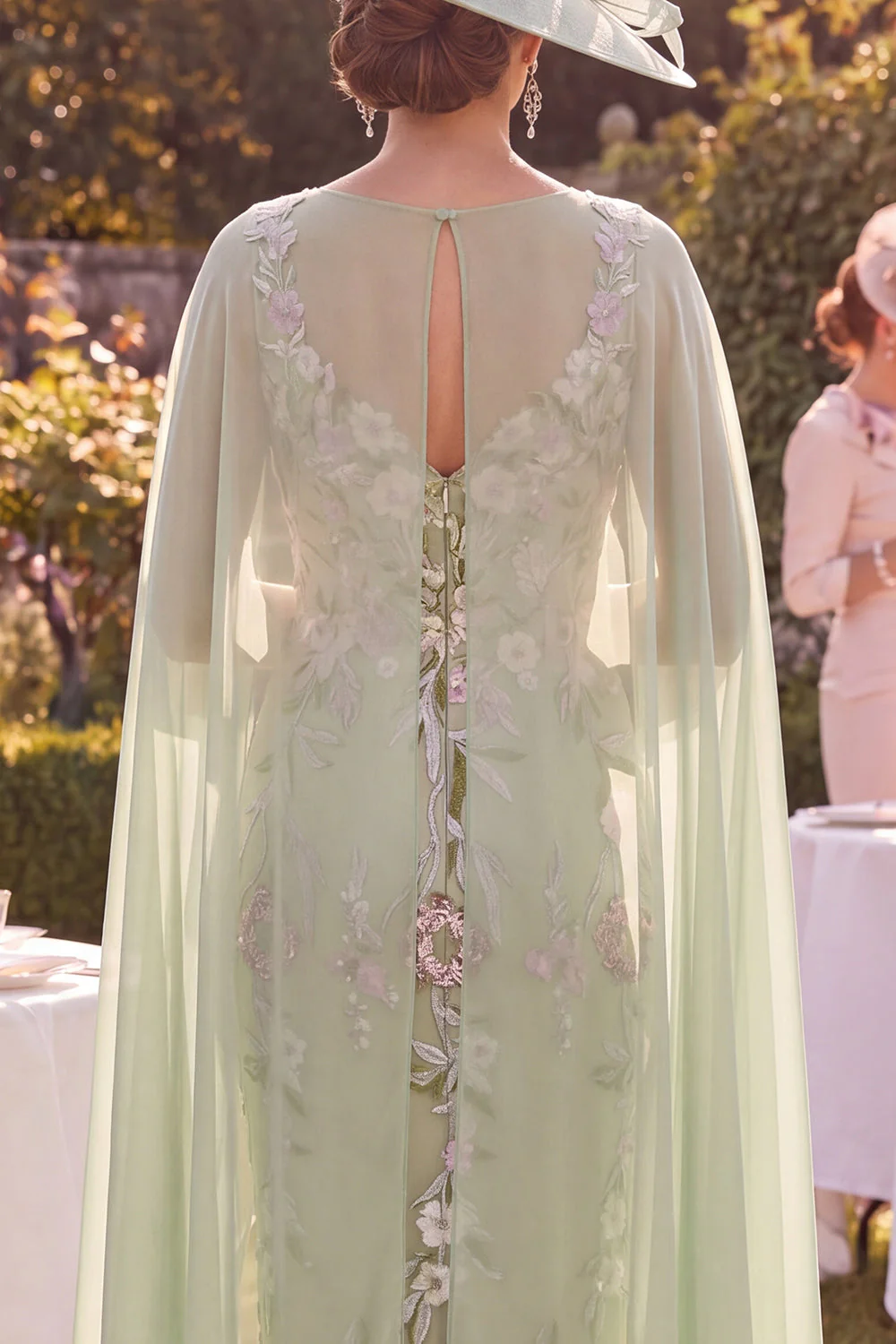 Green Sheath Floral Midi Mother of the Bride Dress with Cape - Image 2