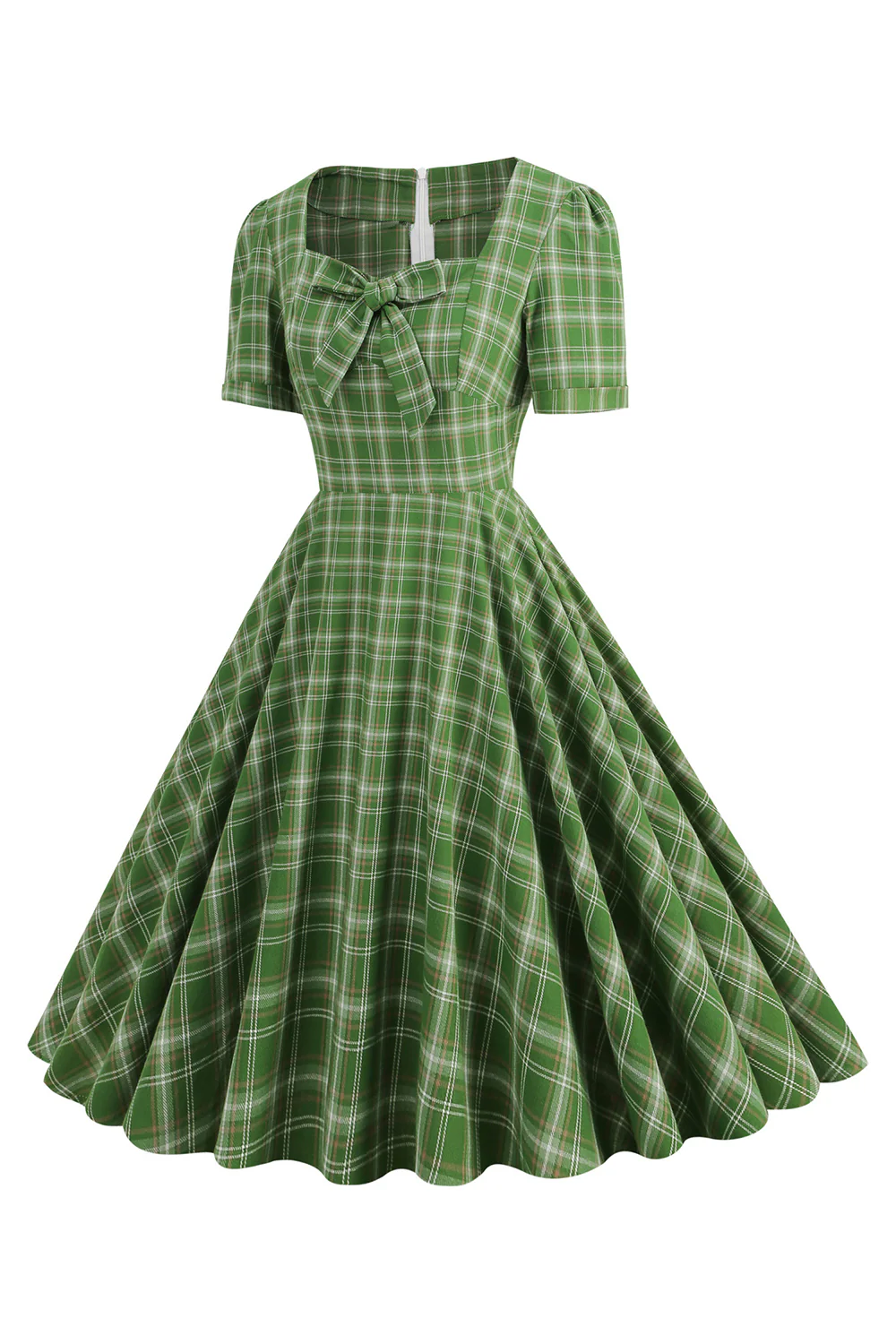 Green Bowknot Short Sleeves Plaid 1950s Vintage Dress - Image 3