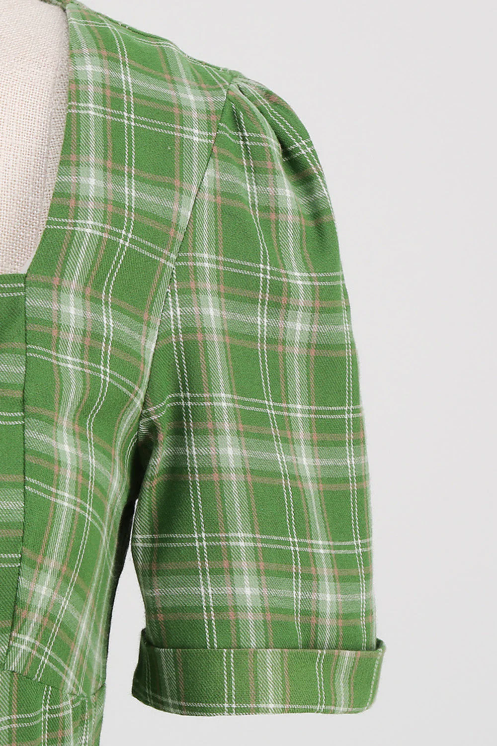 Green Bowknot Short Sleeves Plaid 1950s Vintage Dress - Image 4