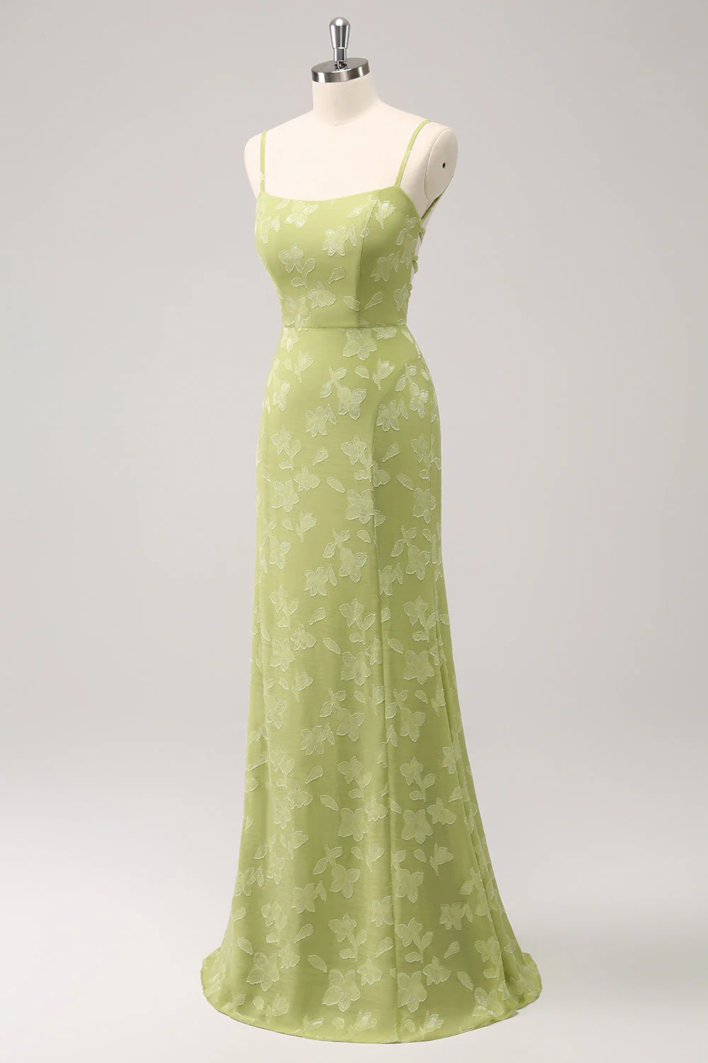 Green Embroidery Mermaid Bridesmaid Dress with Lace Up Back - Image 5