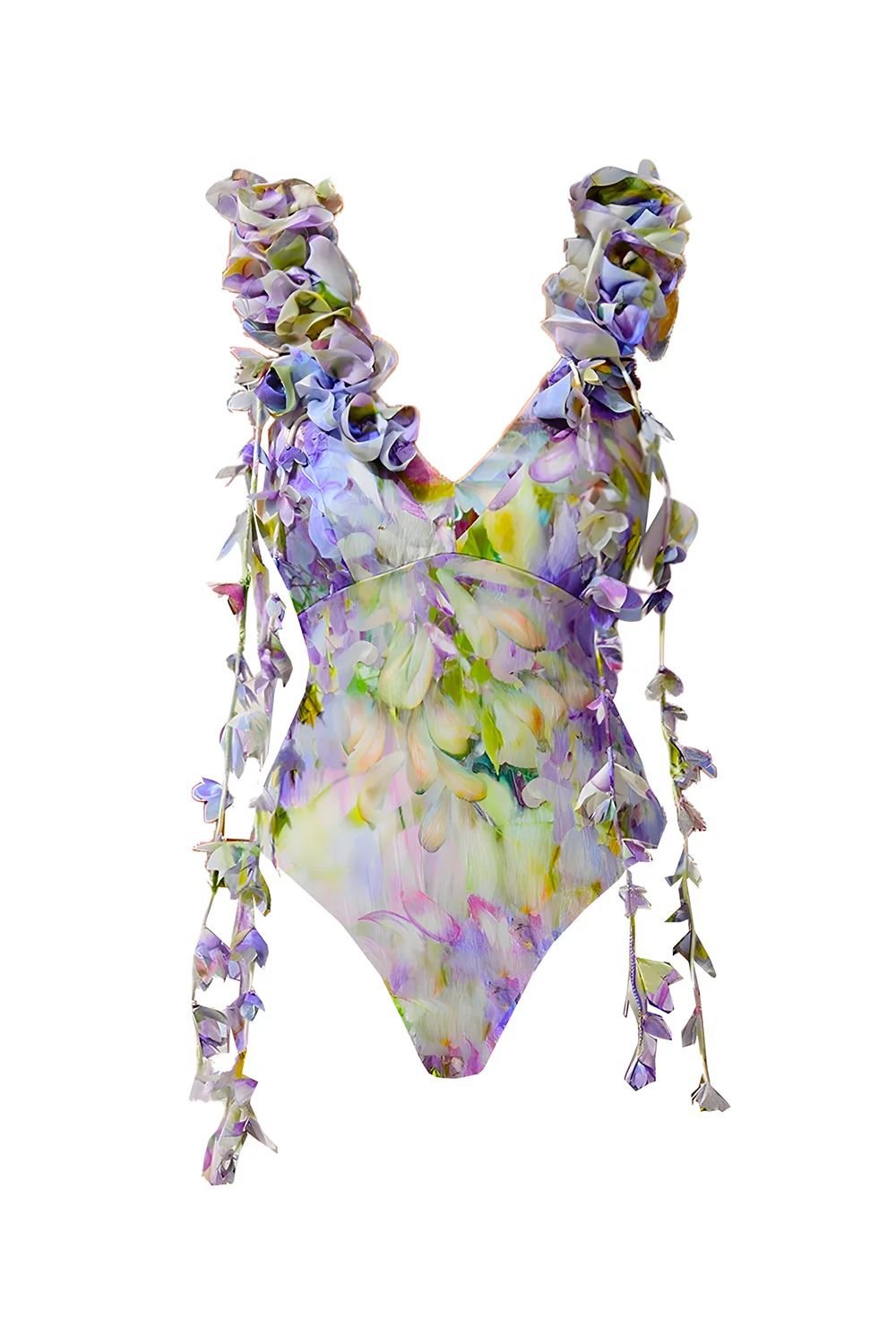 Green Floral 2 Piece V-Neck Ruffled Swimsuit with Beach Dress - Image 2