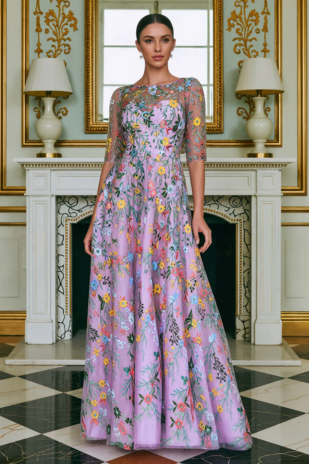 Green Flower A Line Embroidered 3/4 Sleeves Long Mother of the Bride Dress - Image 11