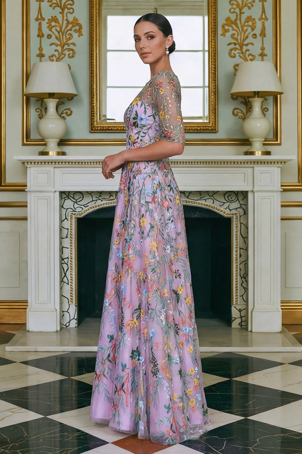 Green Flower A Line Embroidered 3/4 Sleeves Long Mother of the Bride Dress - Image 12