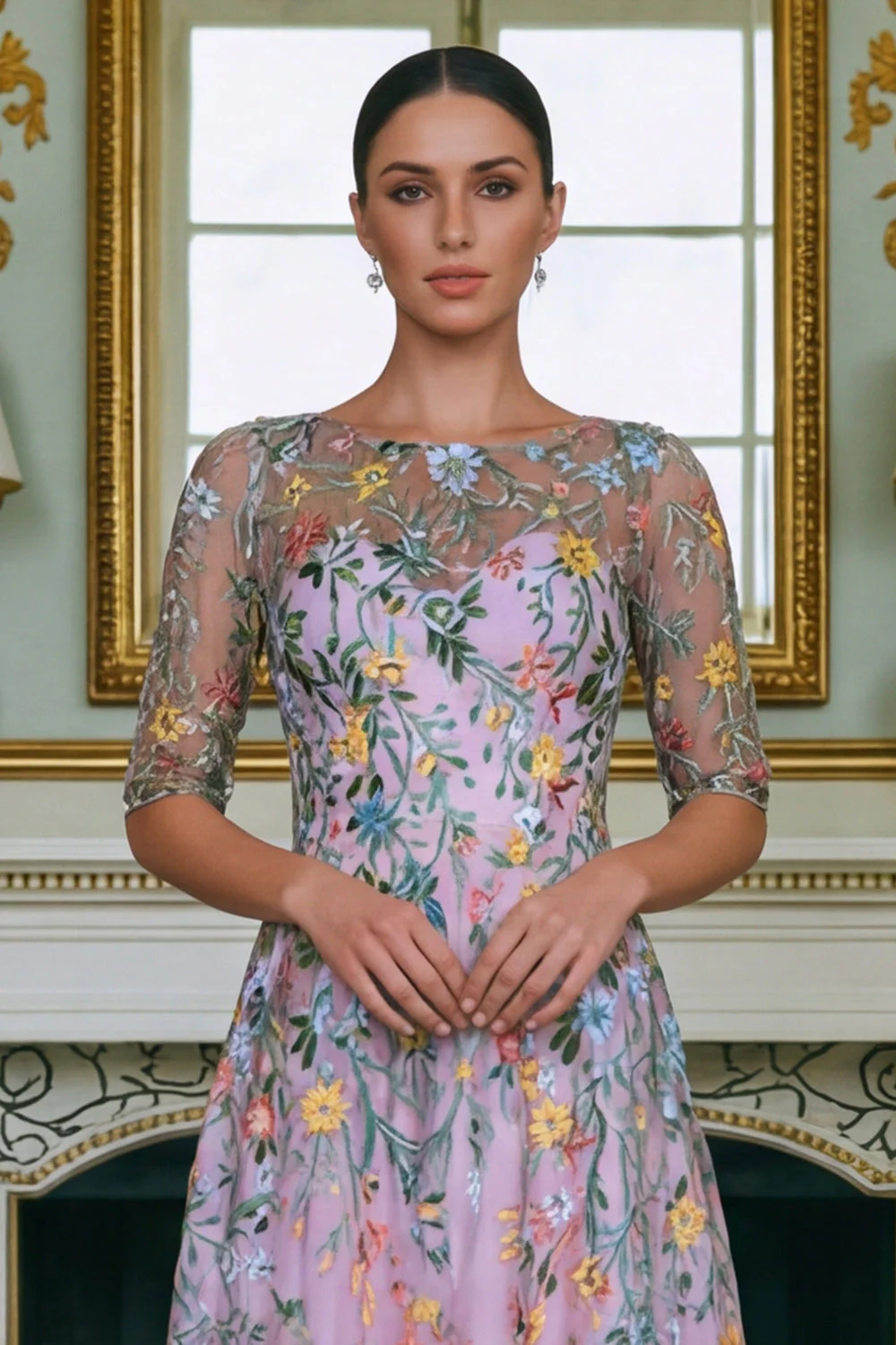 Green Flower A Line Embroidered 3/4 Sleeves Long Mother of the Bride Dress - Image 13