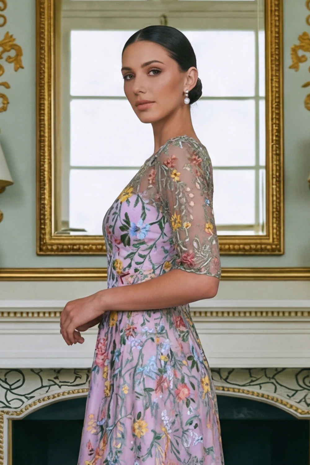 Green Flower A Line Embroidered 3/4 Sleeves Long Mother of the Bride Dress - Image 15