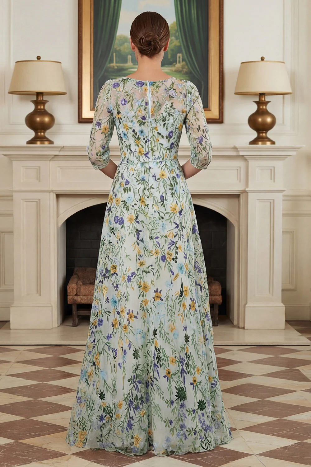 Green Flower A Line Embroidered 3/4 Sleeves Long Mother of the Bride Dress - Image 2