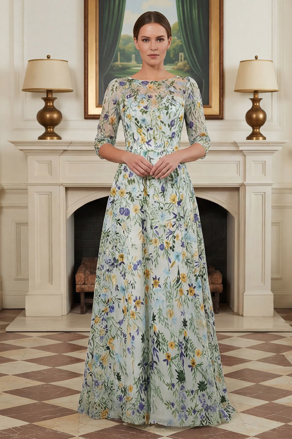 Green Flower A Line Embroidered 3/4 Sleeves Long Mother of the Bride Dress - Image 3