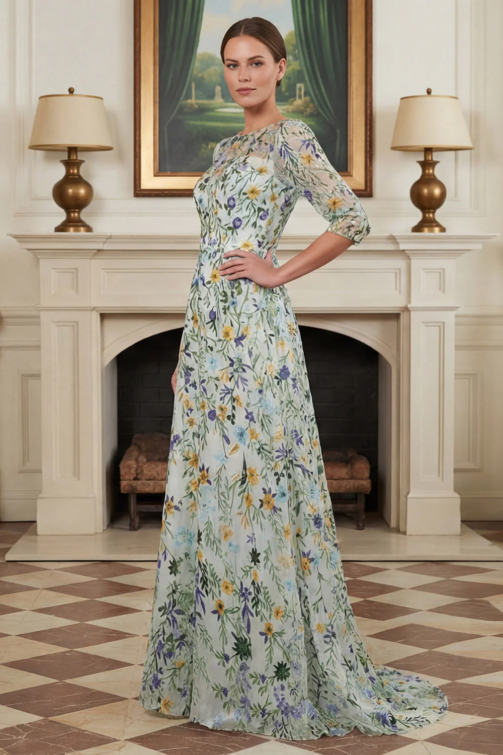 Green Flower A Line Embroidered 3/4 Sleeves Long Mother of the Bride Dress - Image 4