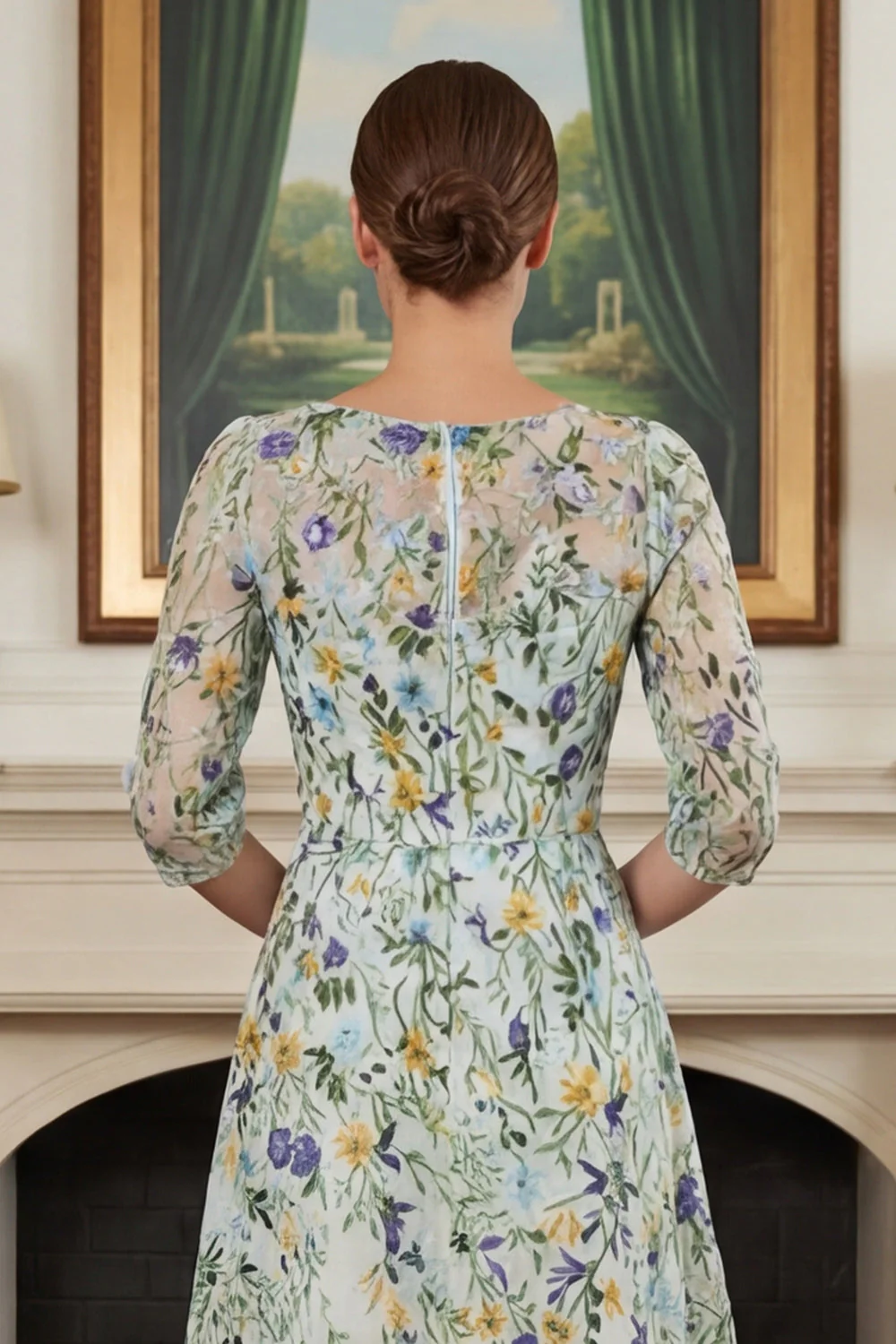 Green Flower A Line Embroidered 3/4 Sleeves Long Mother of the Bride Dress - Image 7