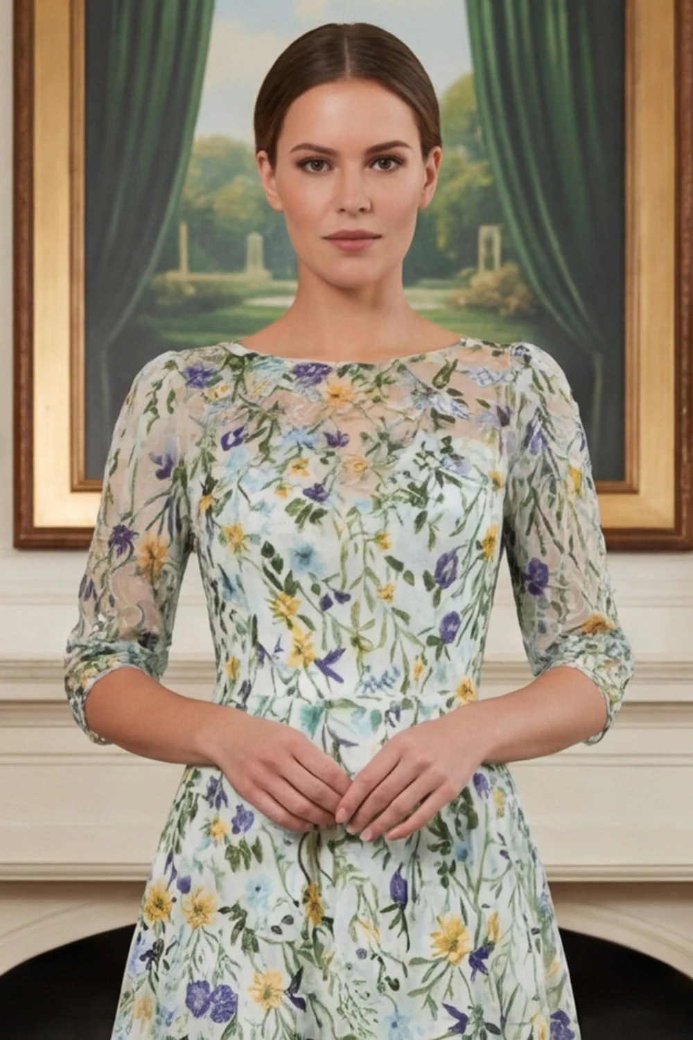 Green Flower A Line Embroidered 3/4 Sleeves Long Mother of the Bride Dress - Image 8