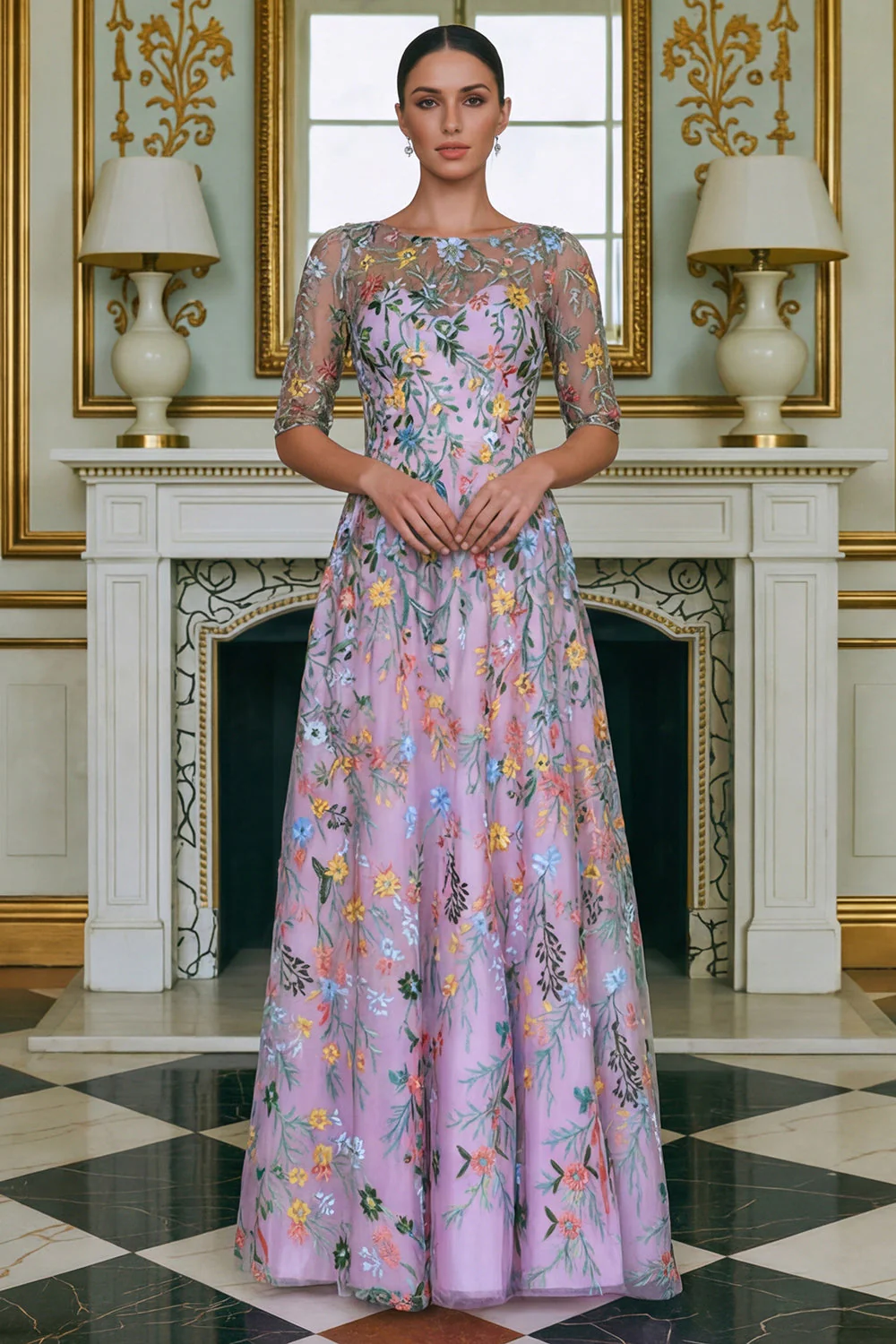 Green Flower A Line Embroidered 3/4 Sleeves Long Mother of the Bride Dress - Image 9