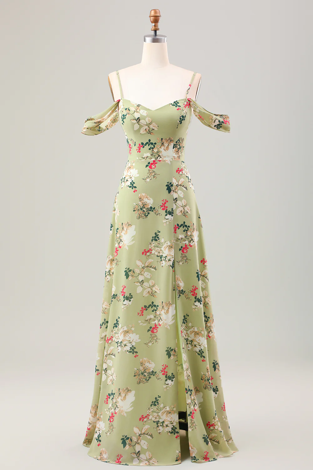Green Flower A Line Spaghetti Straps Print Long Wedding Party Guest Dress with Slit - Image 3