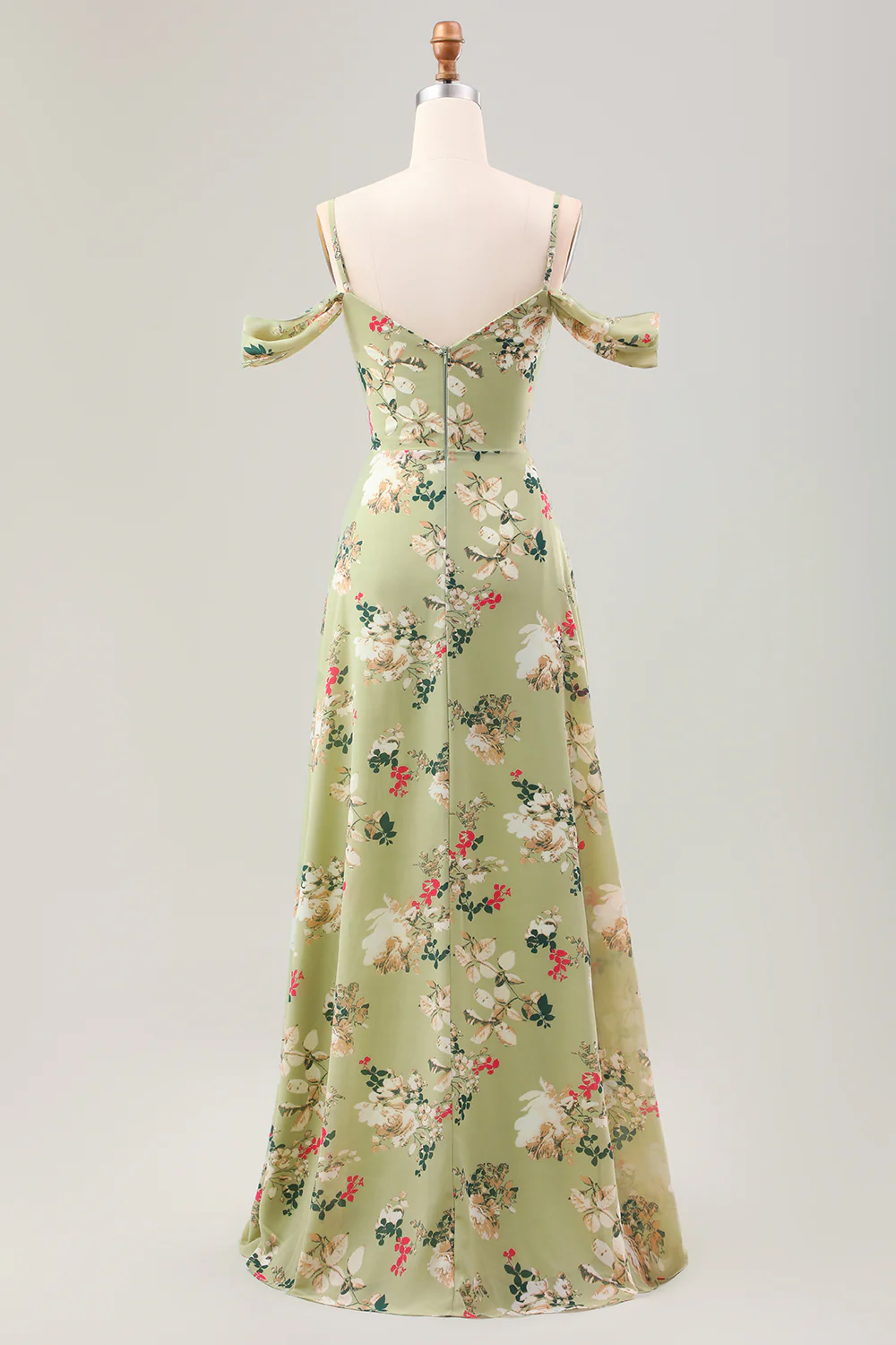 Green Flower A Line Spaghetti Straps Print Long Wedding Party Guest Dress with Slit - Image 4