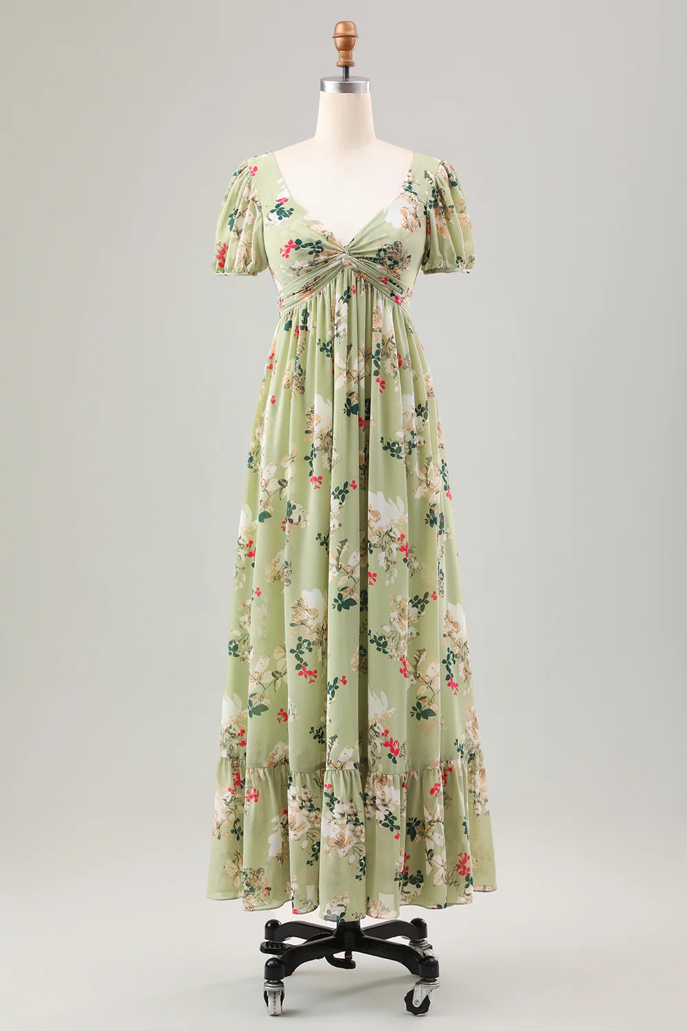 Green Flower A Line V Neck Backless Long Wedding Party Guest Dress with Short Sleeves - Image 3